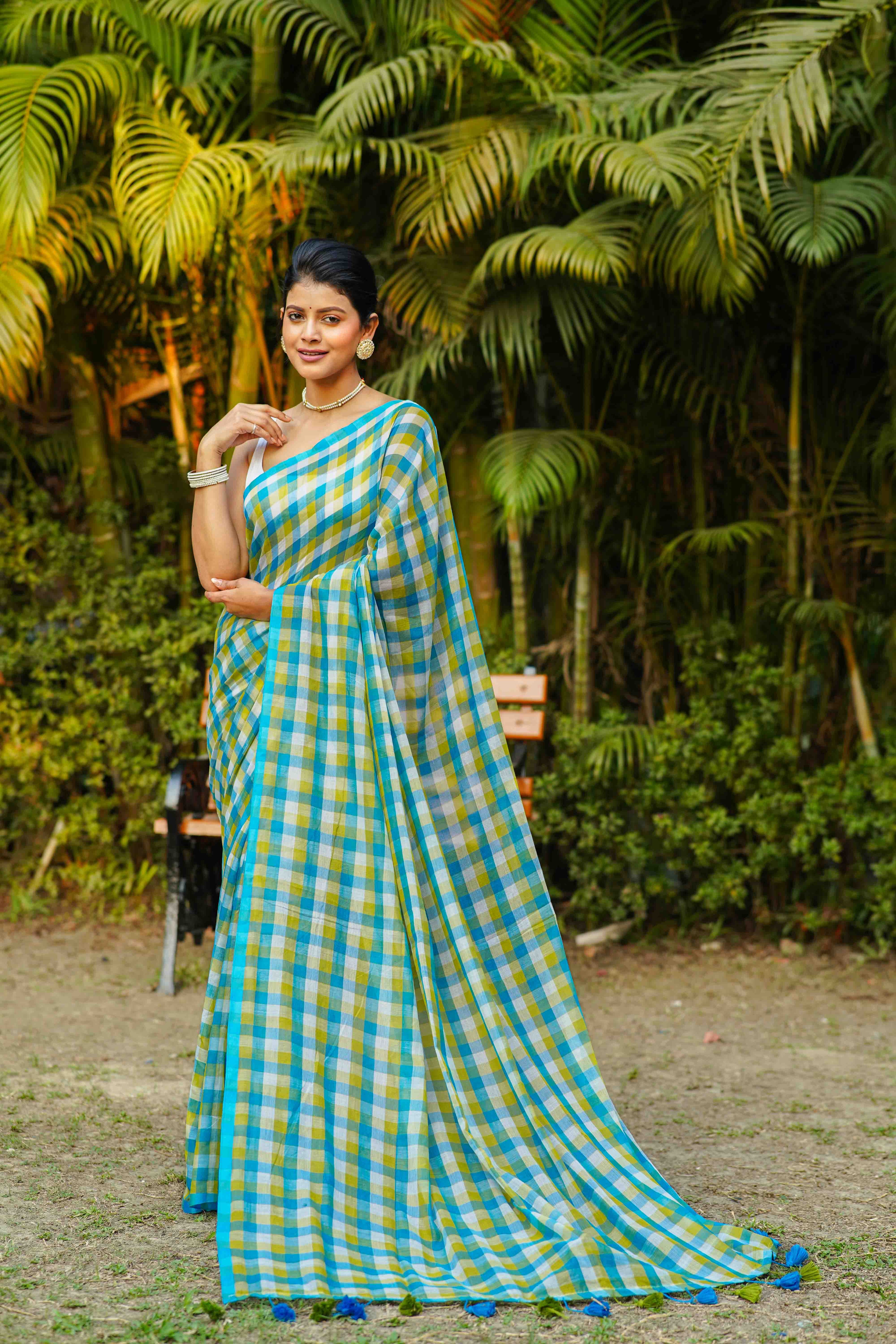 Olive Green & Sky Cotton Saree With Blouse Piece