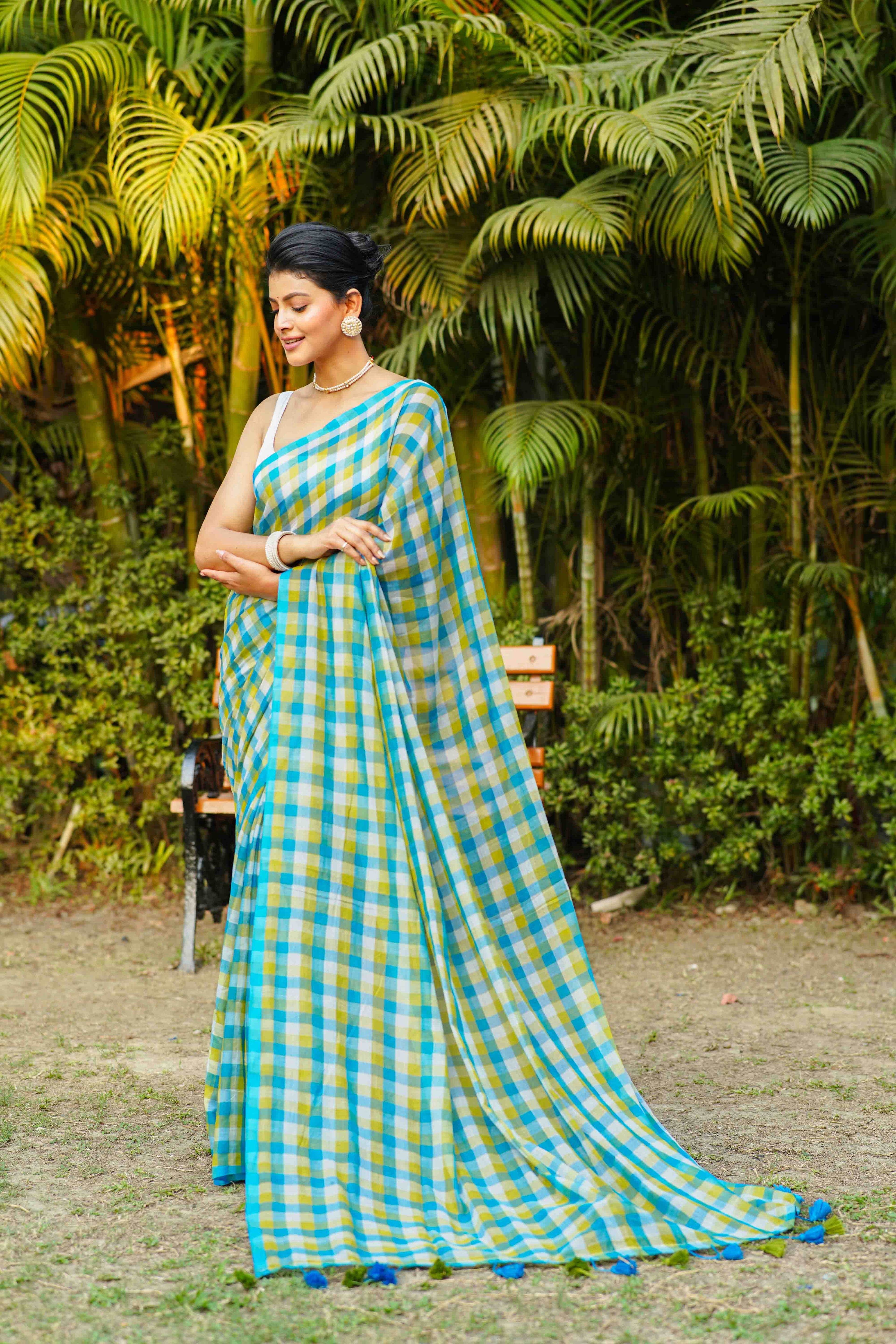 Olive Green & Sky Cotton Saree With Blouse Piece