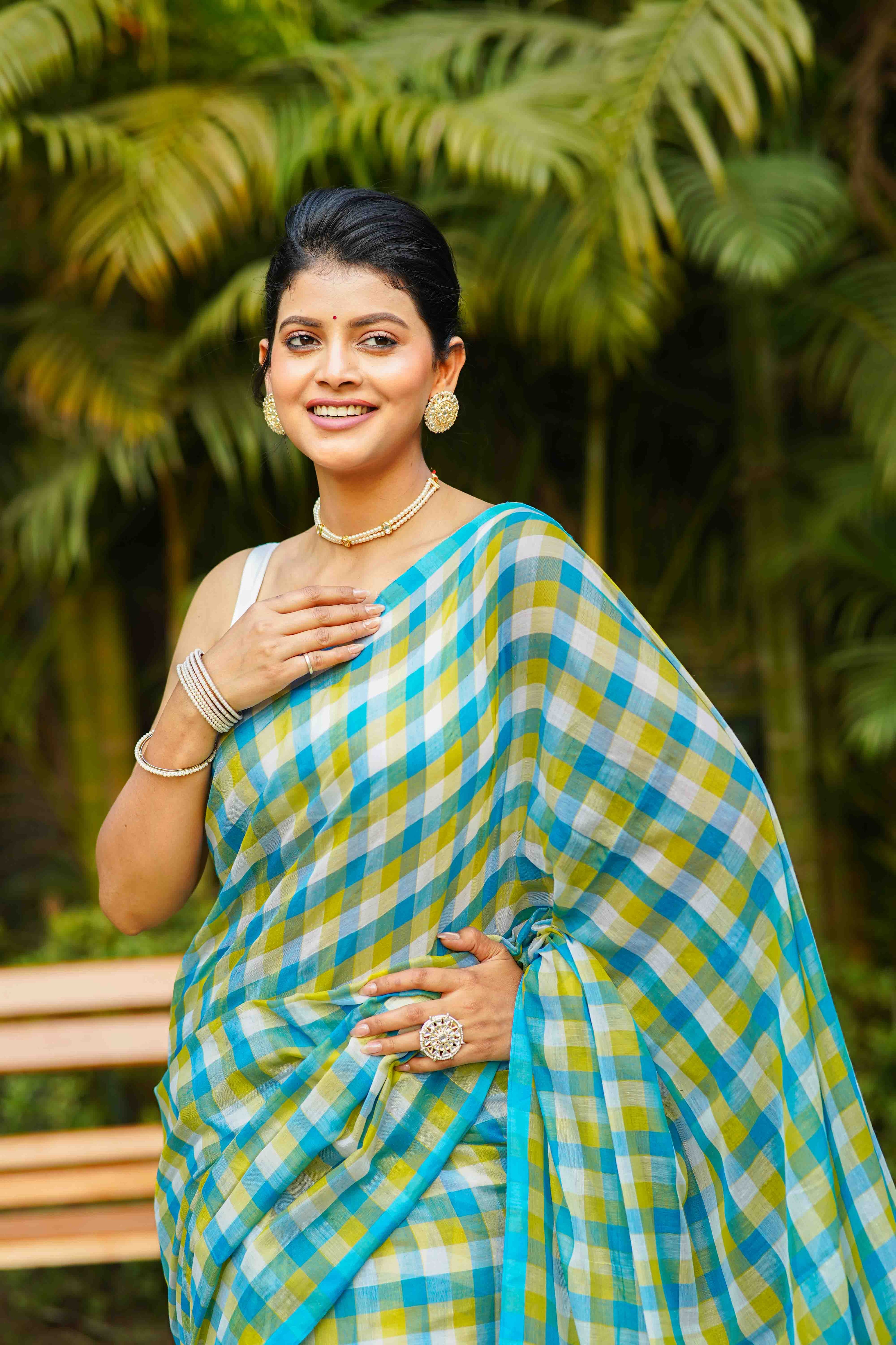 Olive Green & Sky Cotton Saree With Blouse Piece