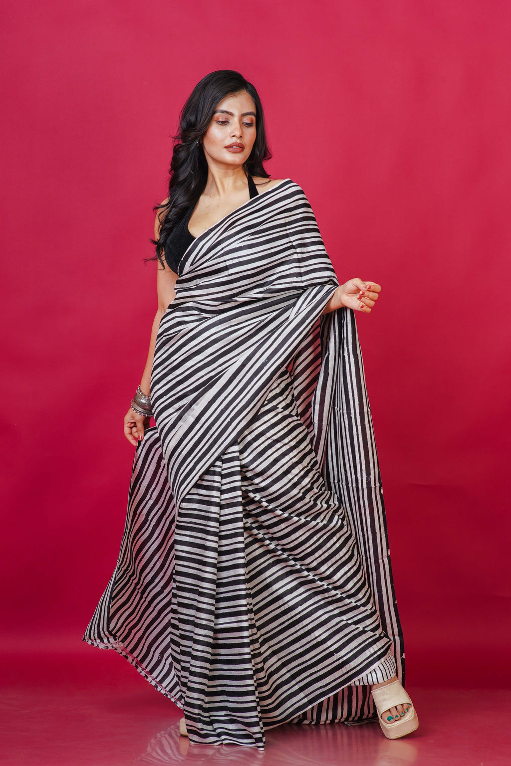 Black and white Katan Silk Bengal Silk Saree With Blouse Piece