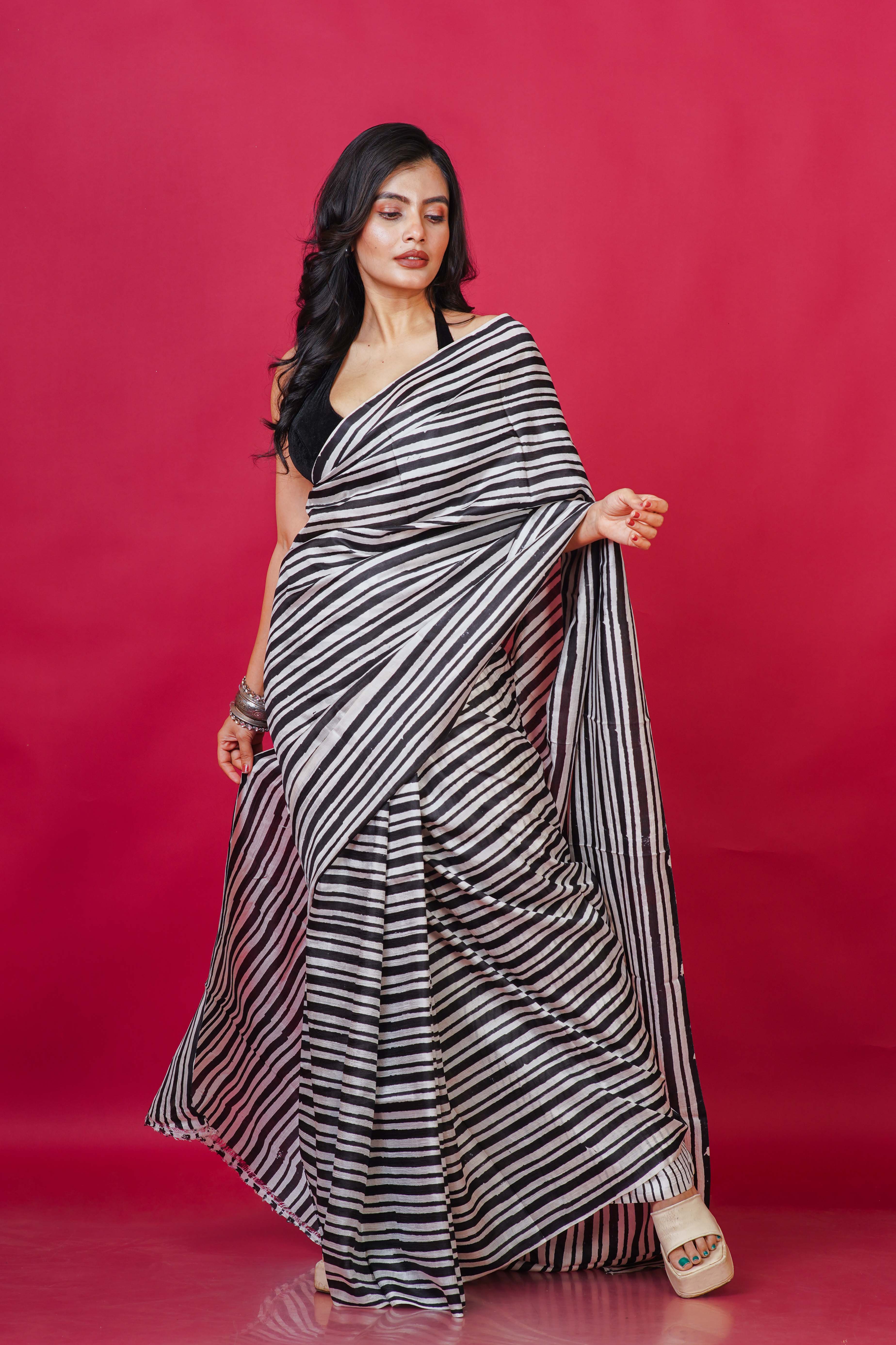 Black and white Katan Silk Bengal Silk Saree With Blouse Piece
