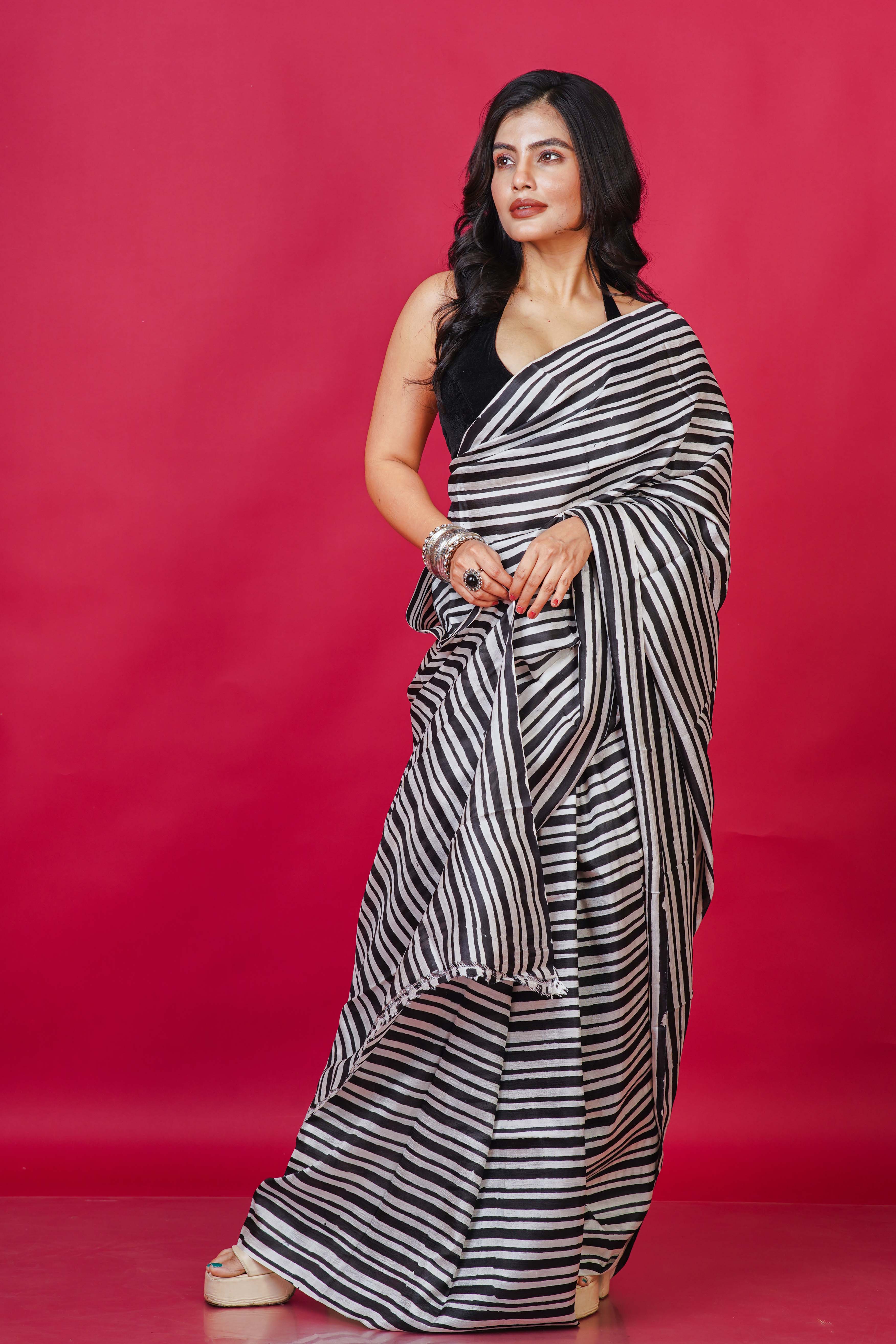 Black and white Katan Silk Bengal Silk Saree With Blouse Piece