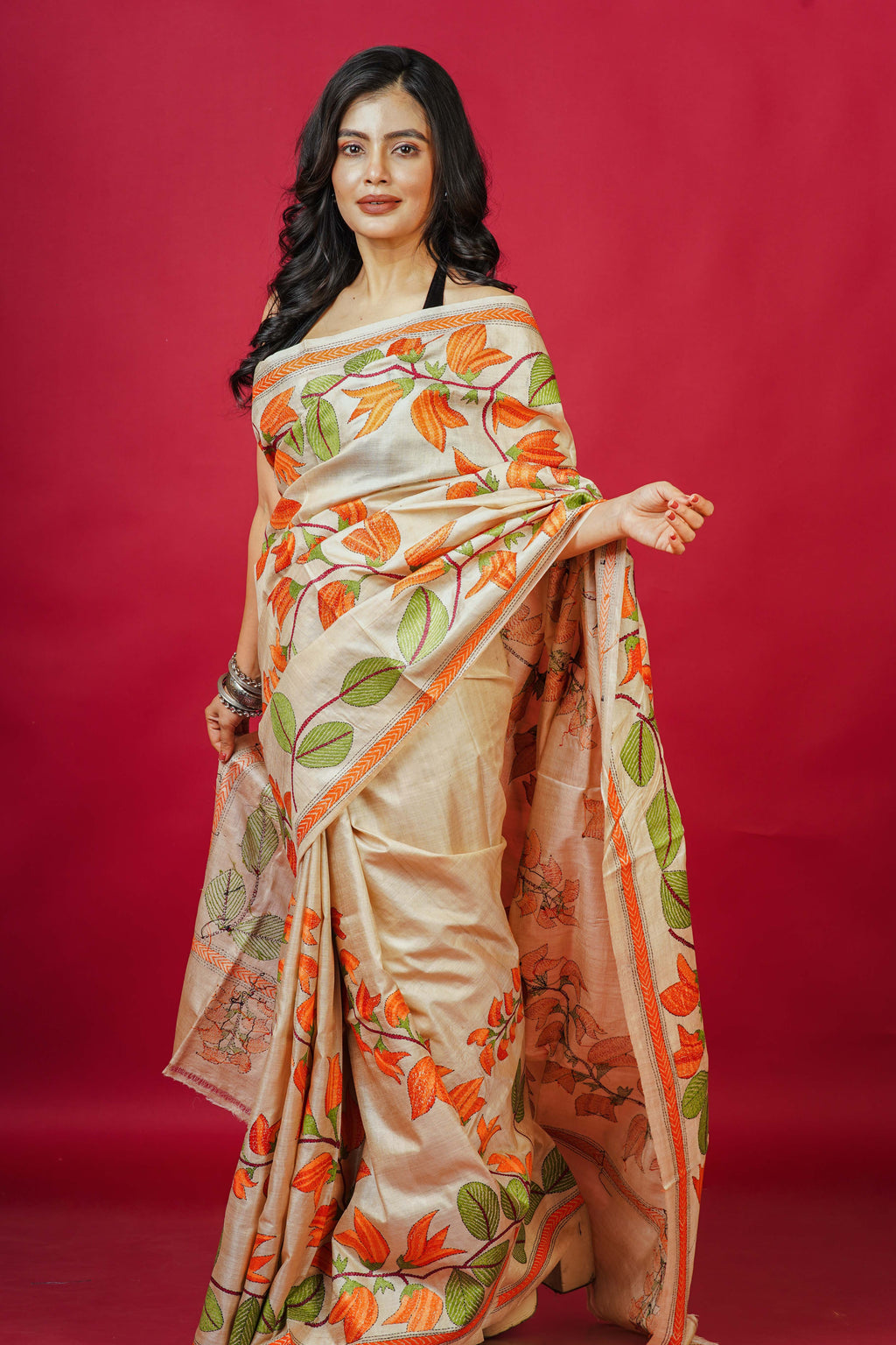 Tussar Base Palash Kantha Saree With Blouse Piece