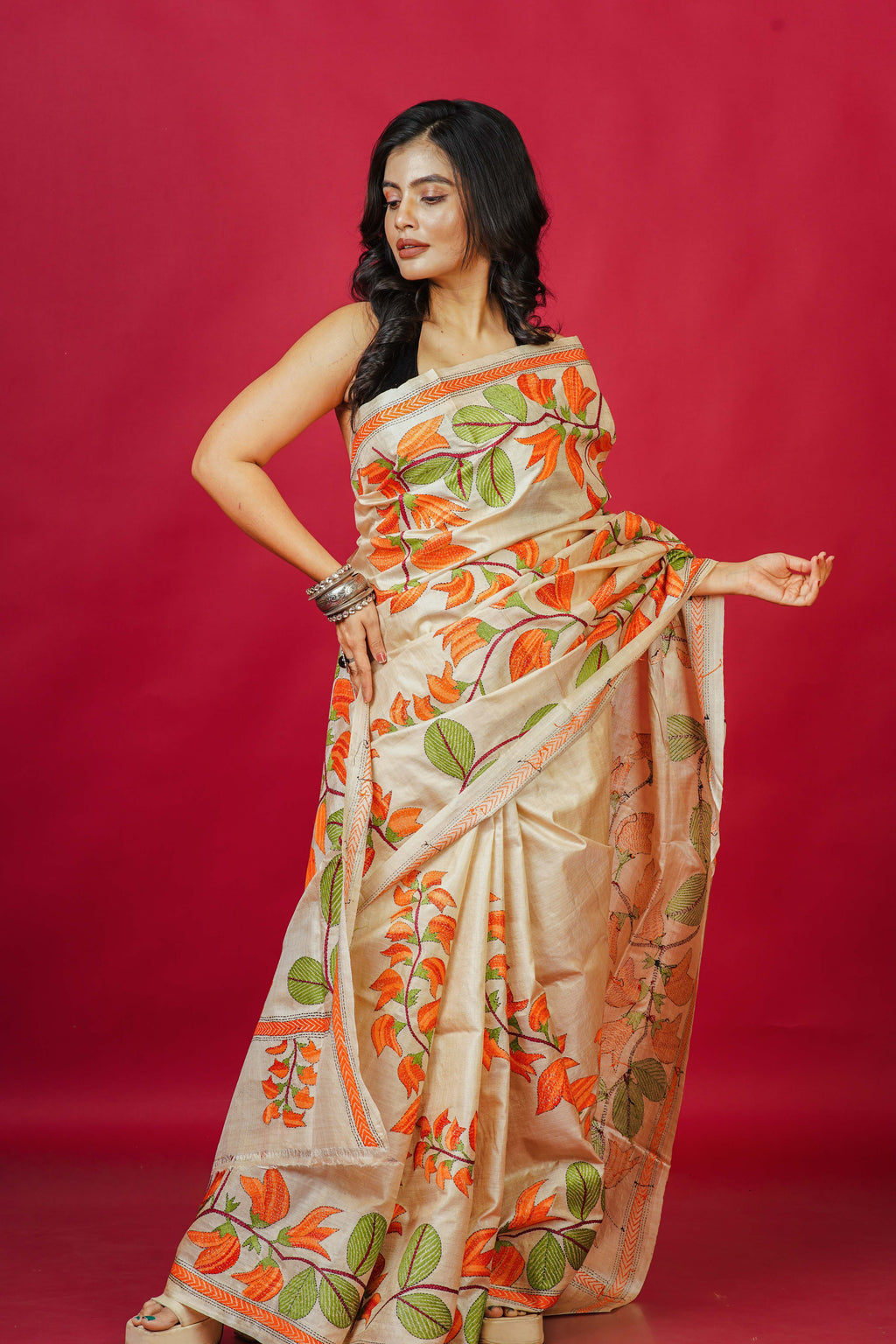 Tussar Base Palash Kantha Saree With Blouse Piece