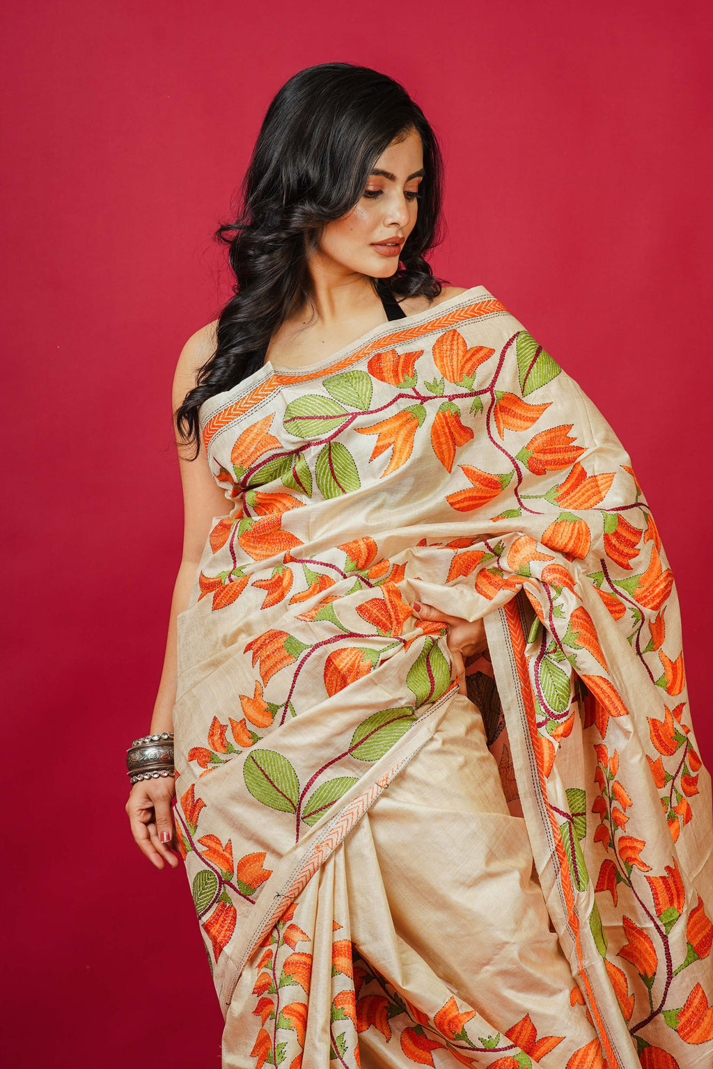 Tussar Base Palash Kantha Saree With Blouse Piece