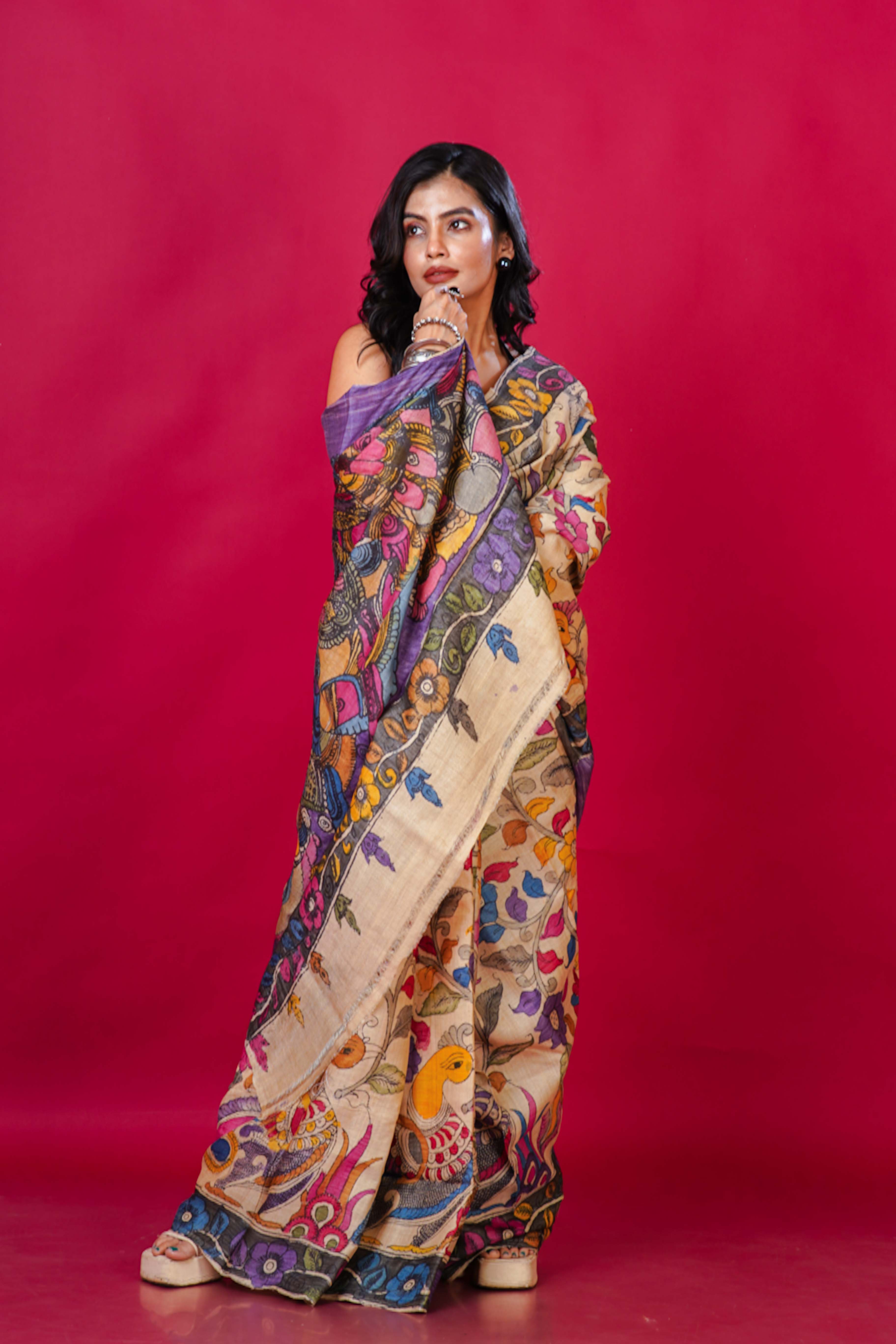Tussar Base Tussar Kalahasti Kalamkari Saree With Blouse Piece