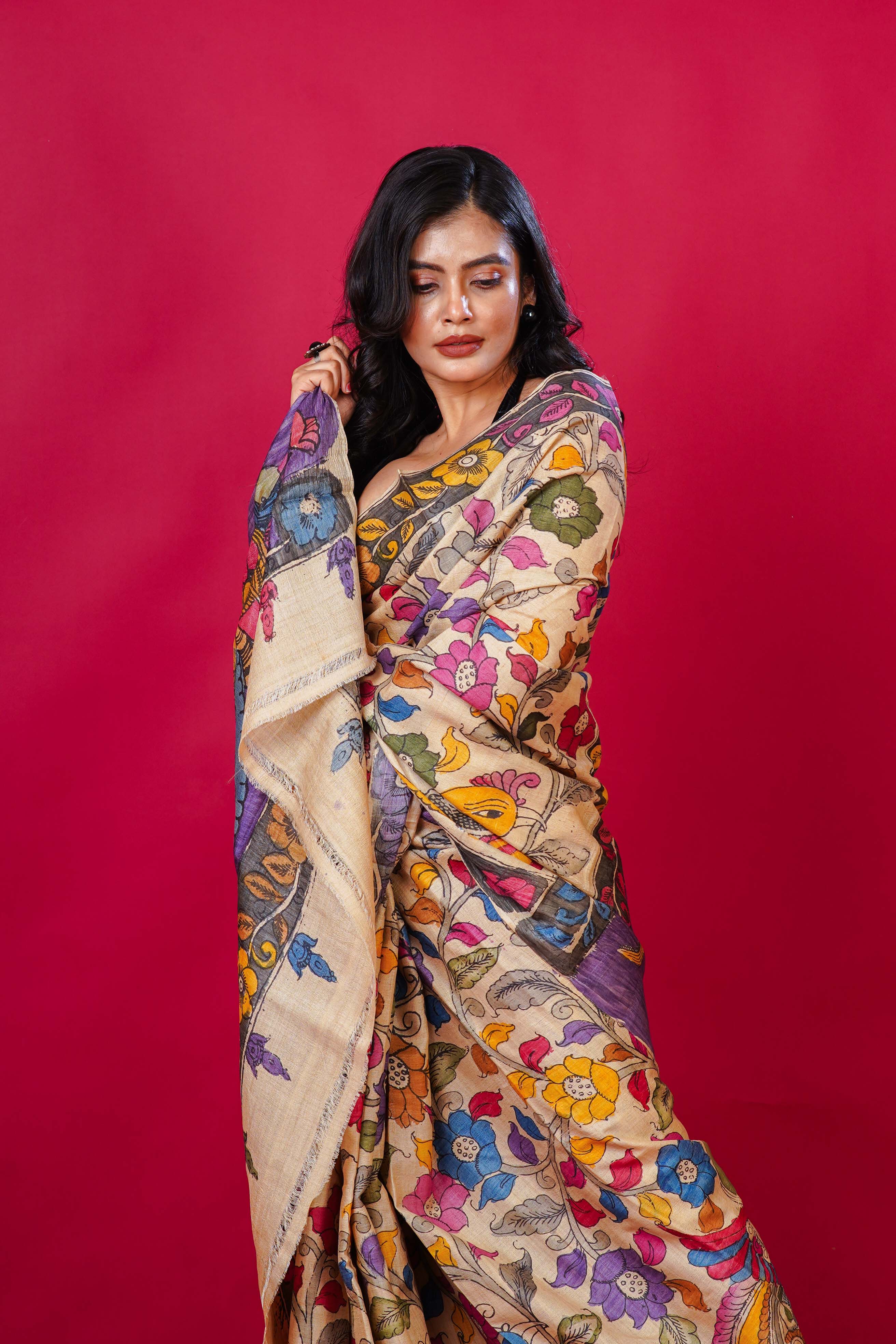 Tussar Base Tussar Kalahasti Kalamkari Saree With Blouse Piece