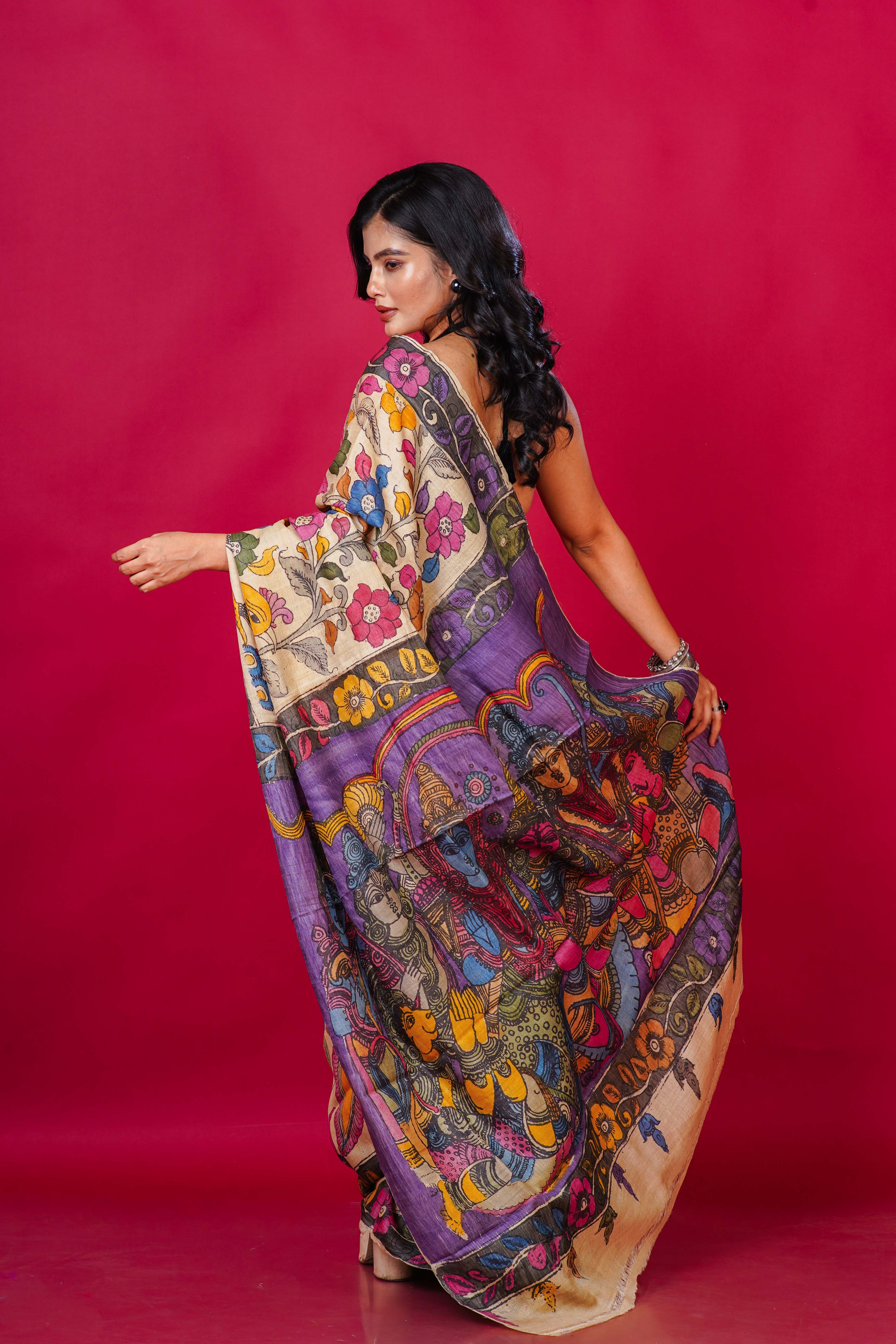 Tussar Base Tussar Kalahasti Kalamkari Saree With Blouse Piece