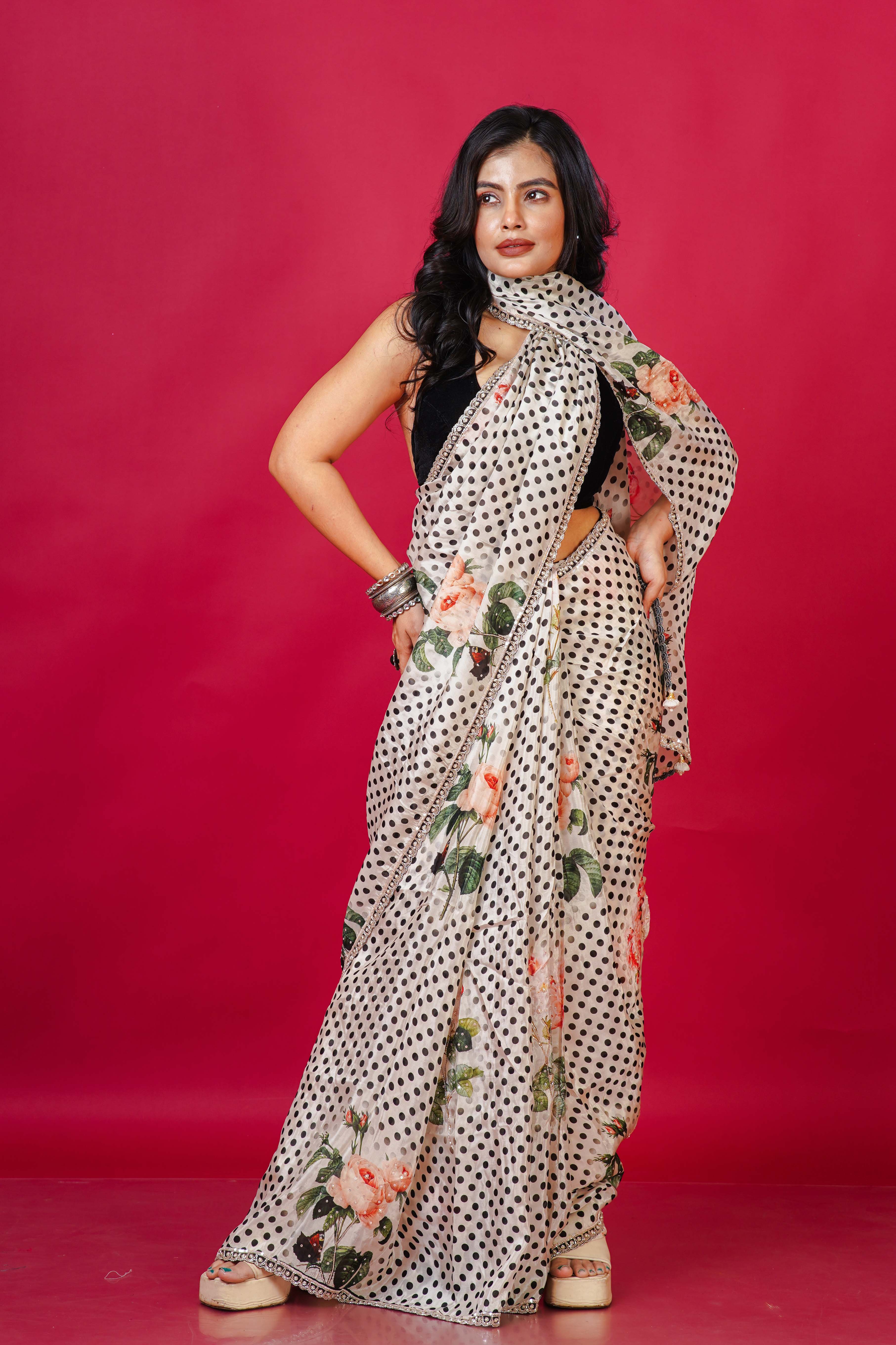 Black and White Satin  Saree With Blouse Piece
