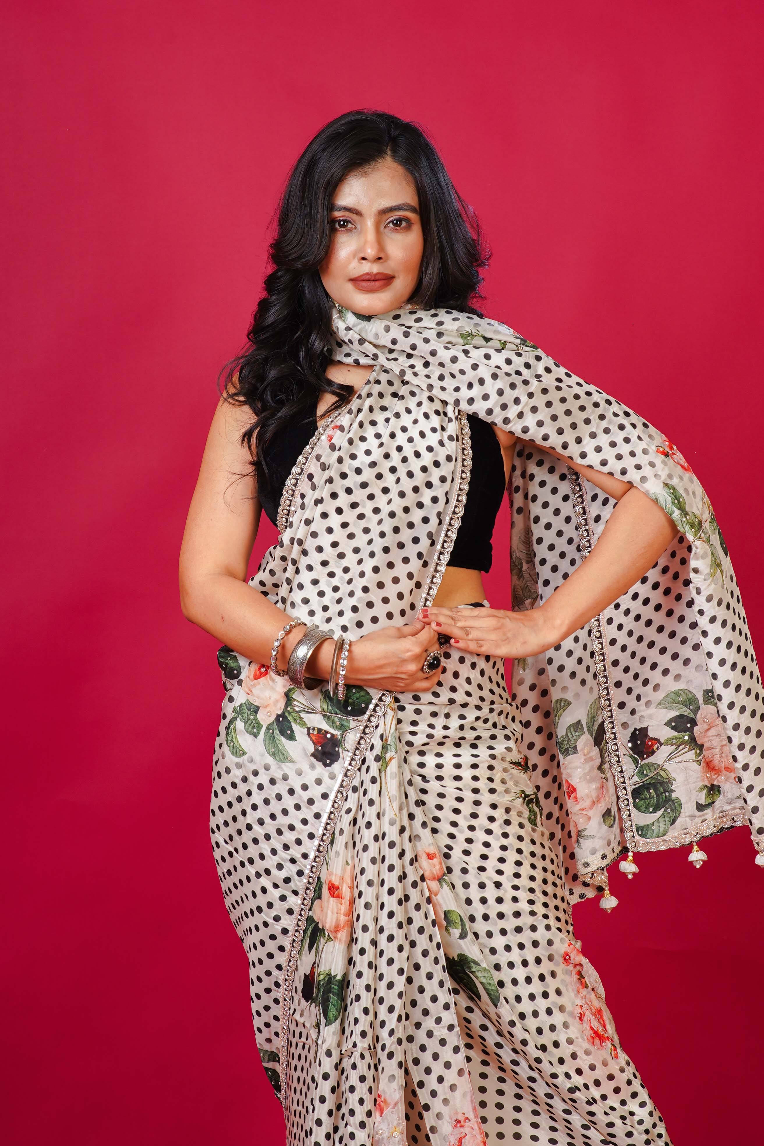 Black and White Satin  Saree With Blouse Piece