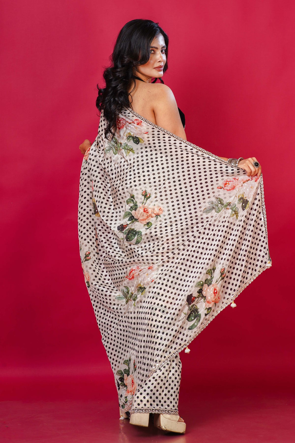 Black and White Satin  Saree With Blouse Piece