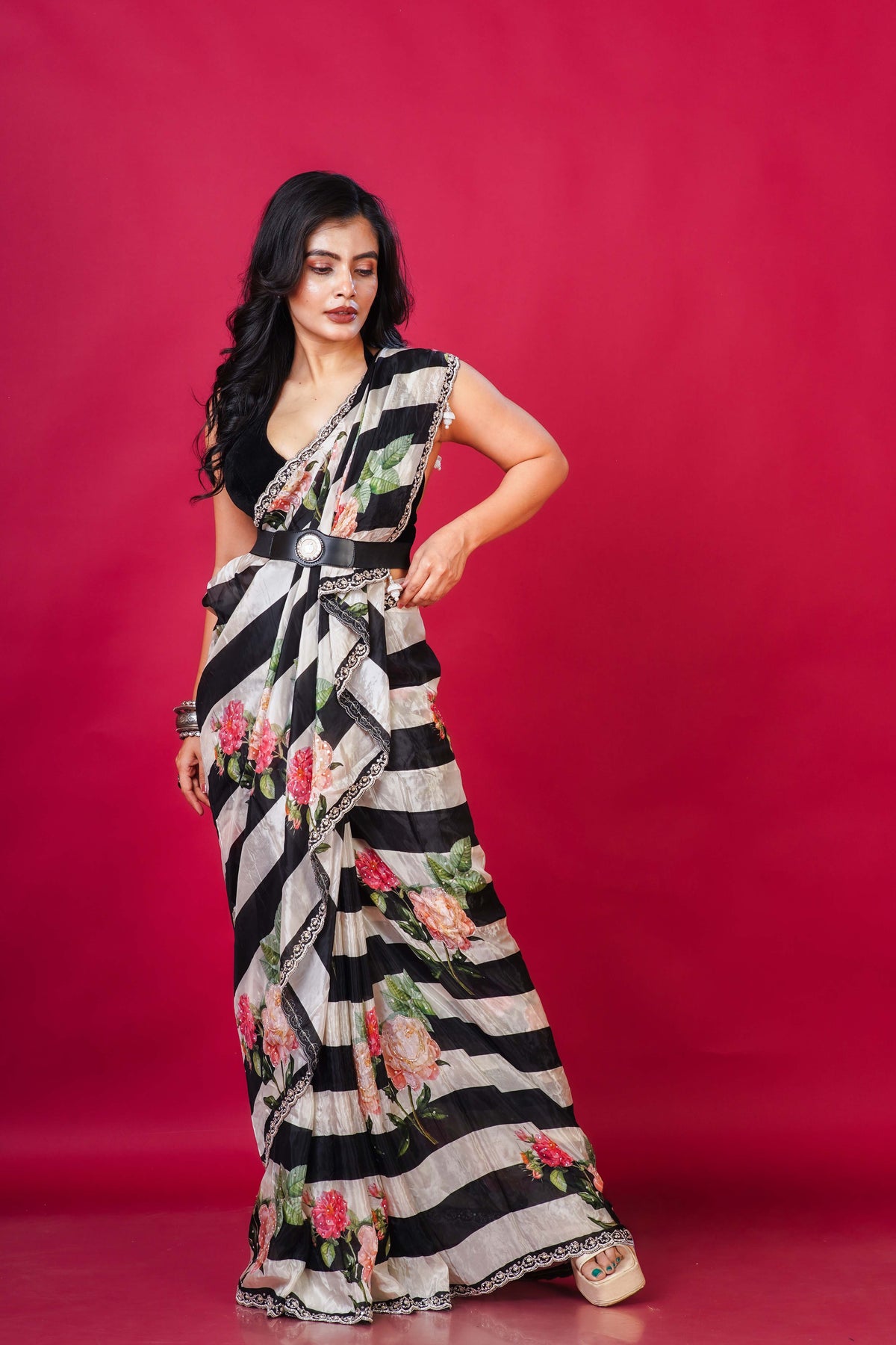 Black and white Satin Party Wear Saree With Blouse Piece