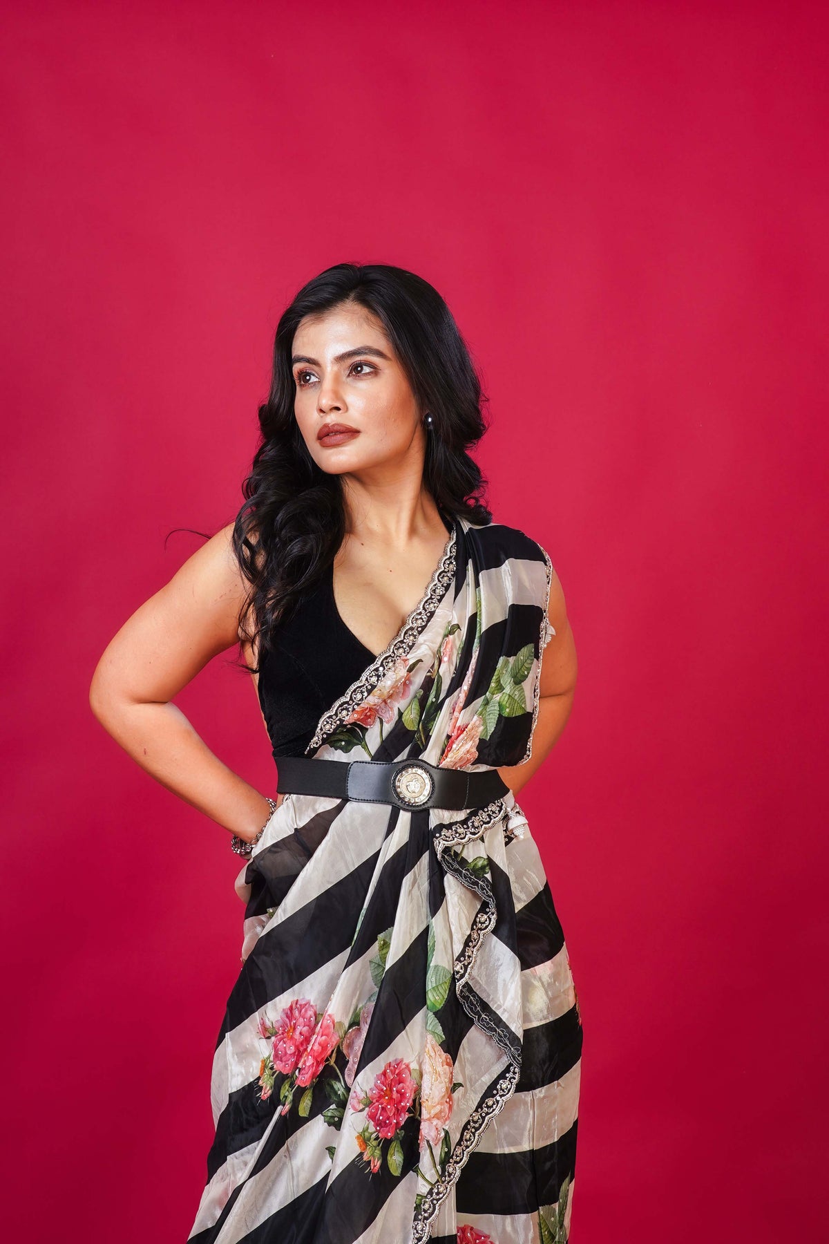 Black and white Satin Party Wear Saree With Blouse Piece