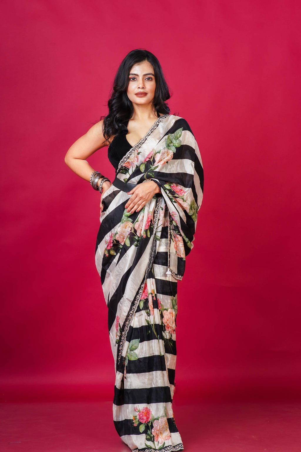 Black and white Satin Party Wear Saree With Blouse Piece