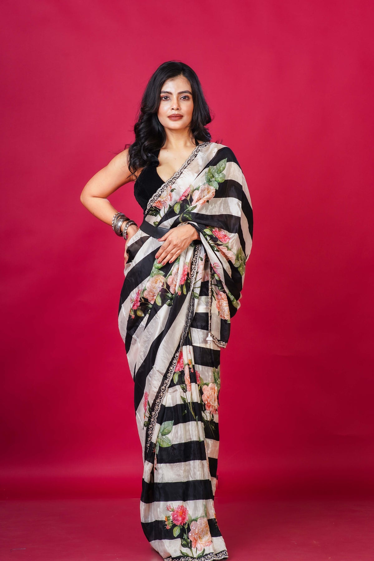 Black and white Satin Party Wear Saree With Blouse Piece