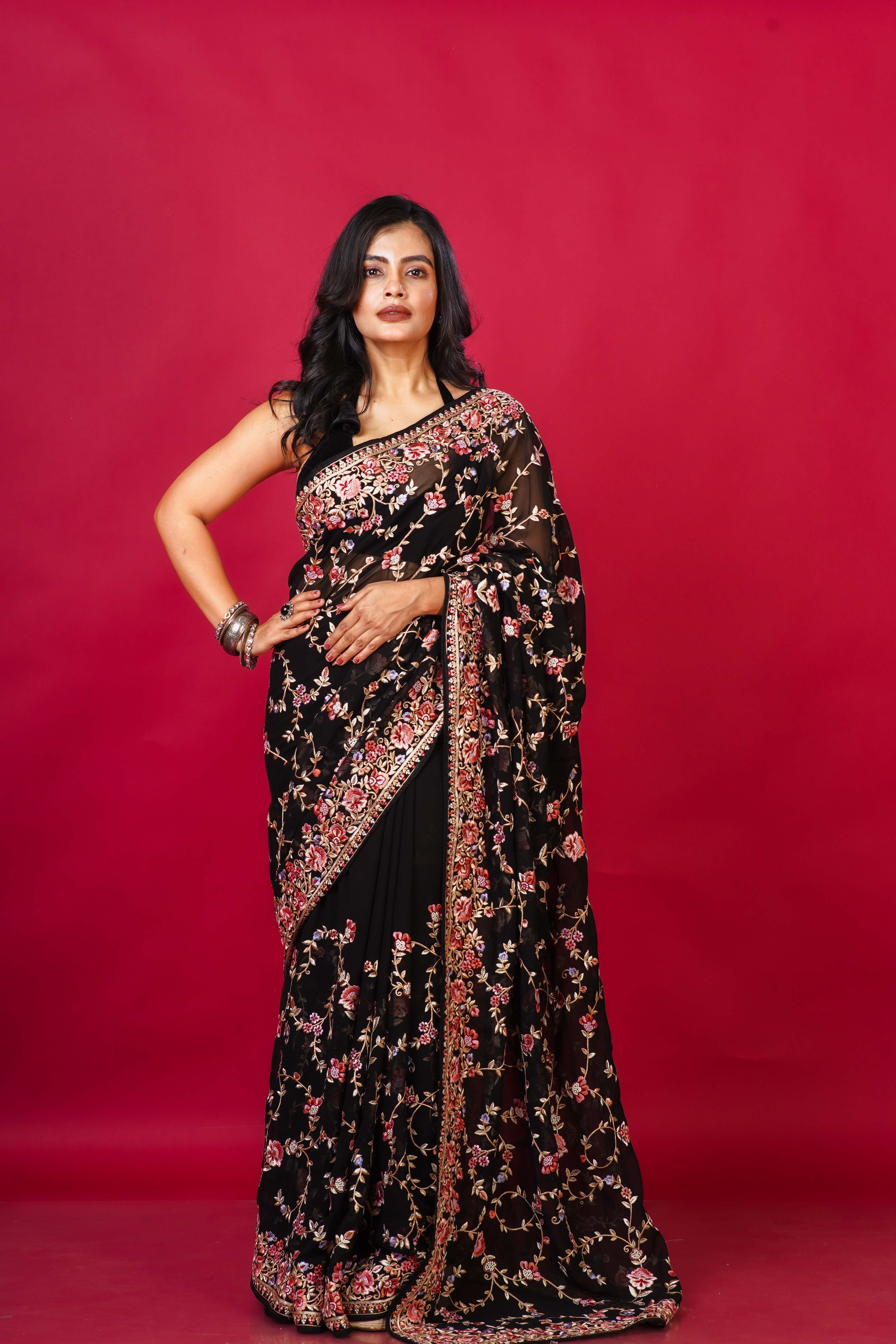 Black Blended georgette Bengal Saree With Blouse Piece