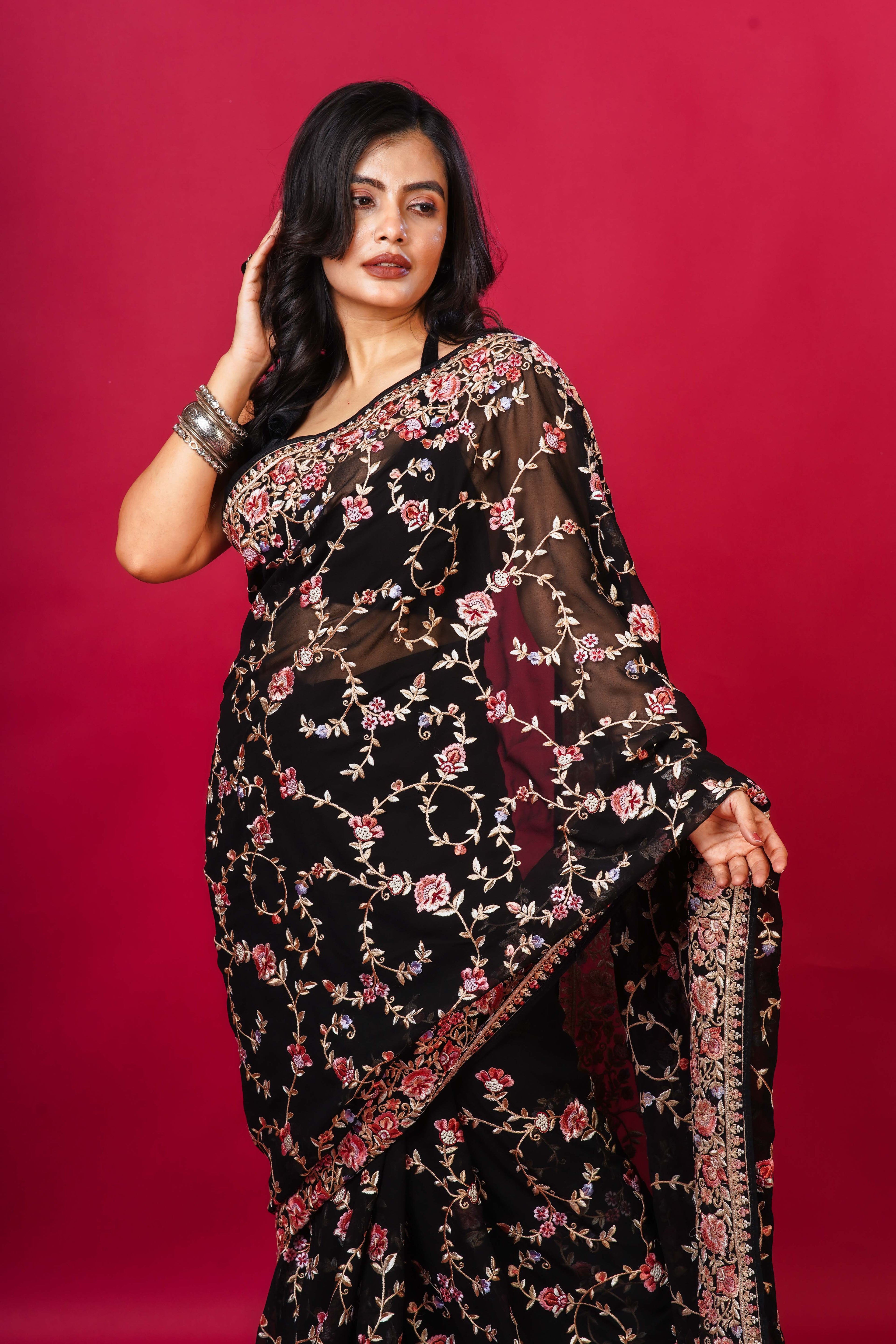 Black Blended georgette Bengal Saree With Blouse Piece