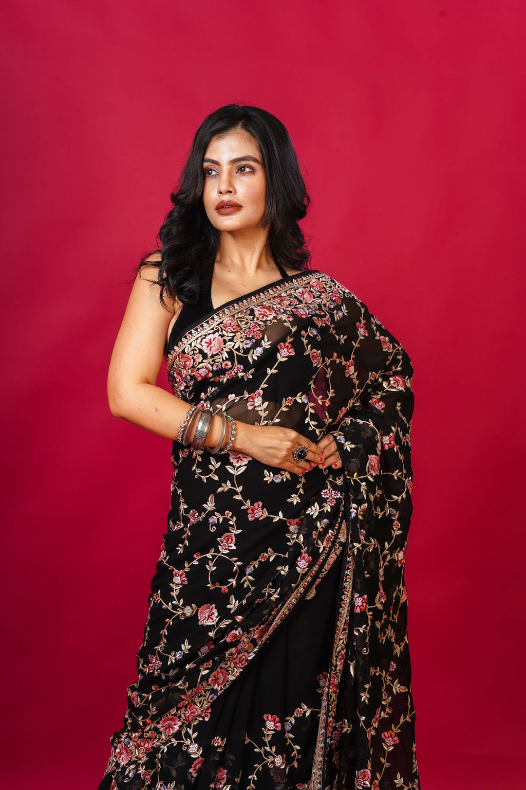 Black Blended georgette Bengal Saree With Blouse Piece