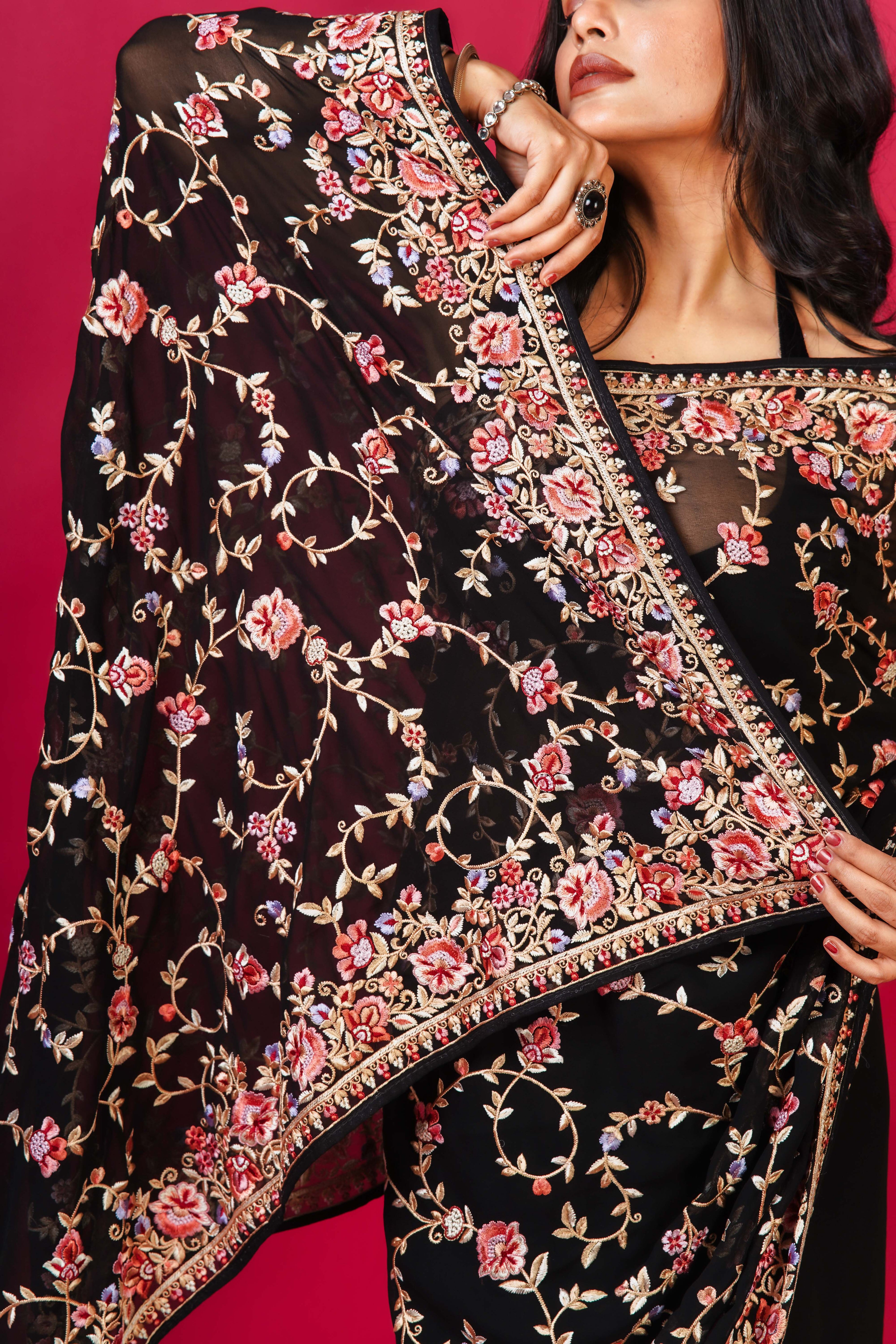 Black Blended georgette Bengal Saree With Blouse Piece