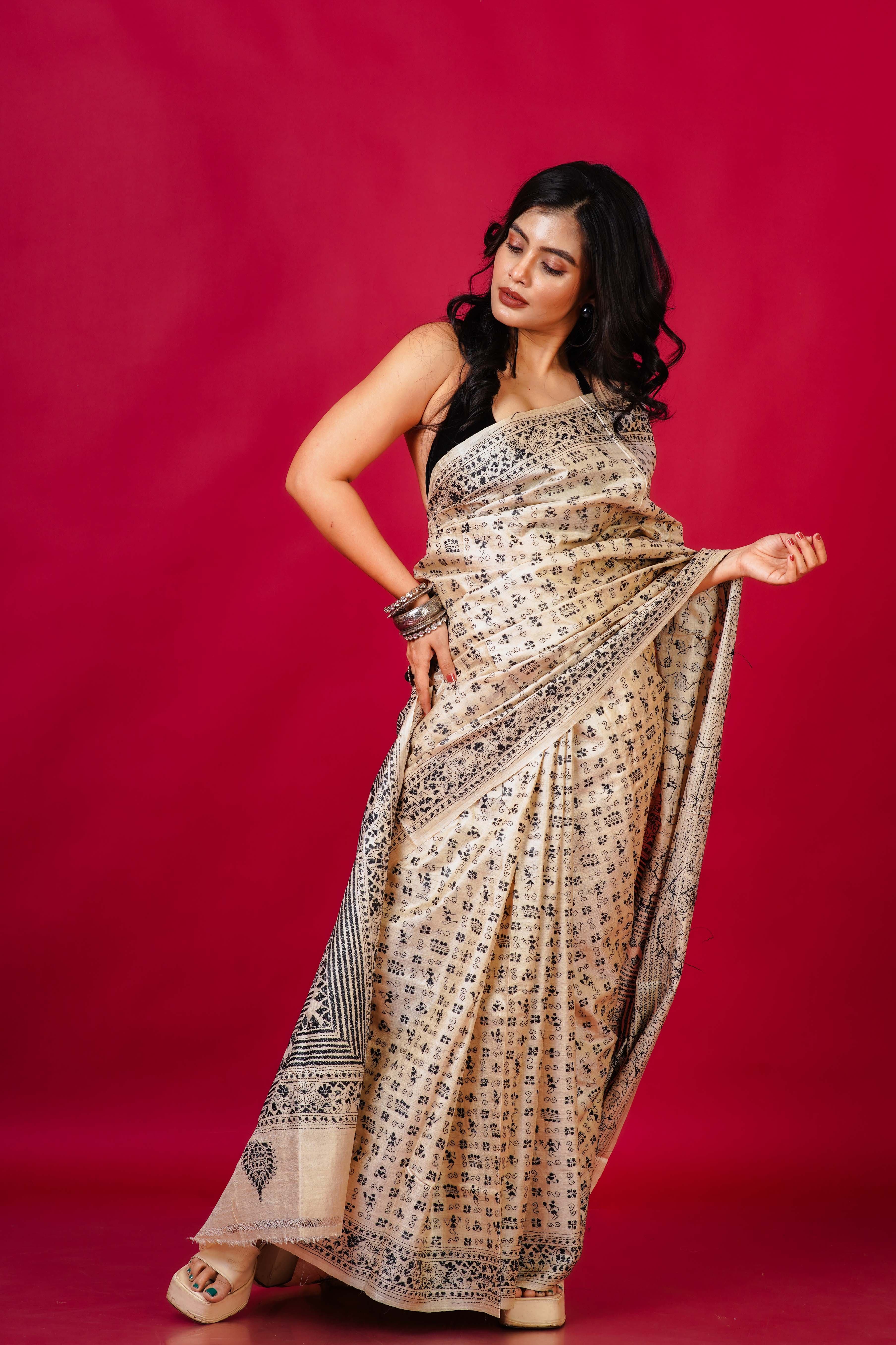 Tussar Base Tussar Kantha Saree With Blouse Piece