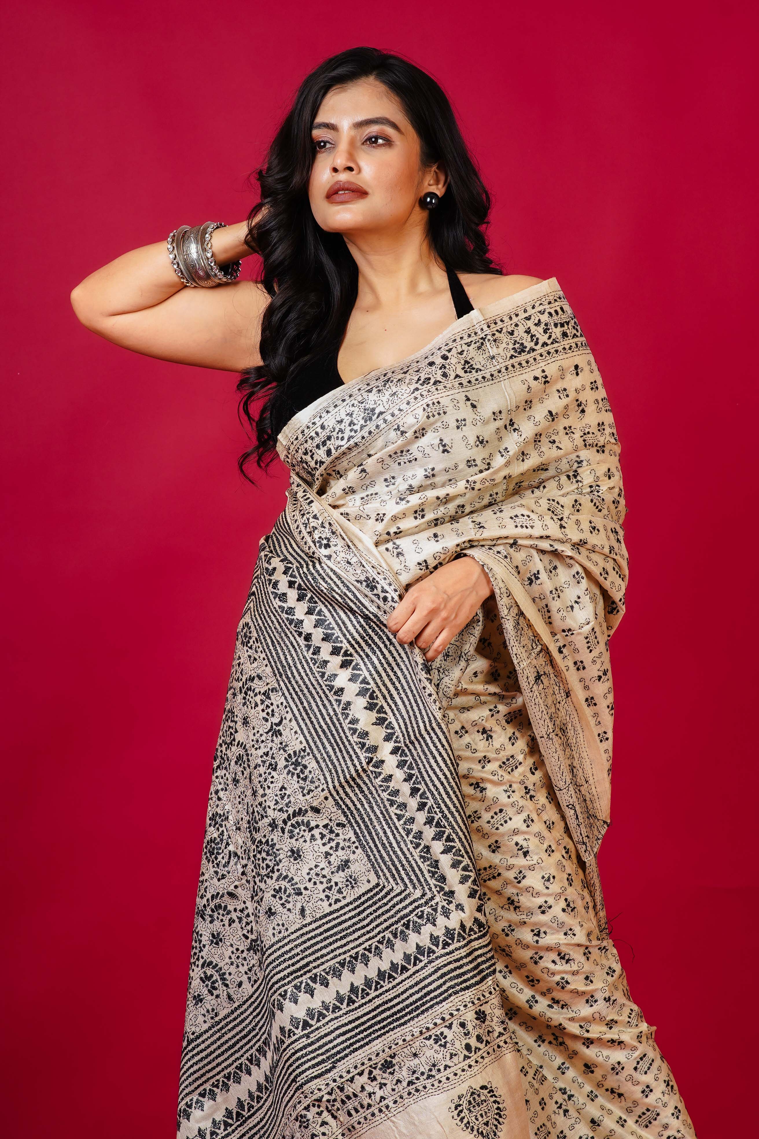 Tussar Base Tussar Kantha Saree With Blouse Piece