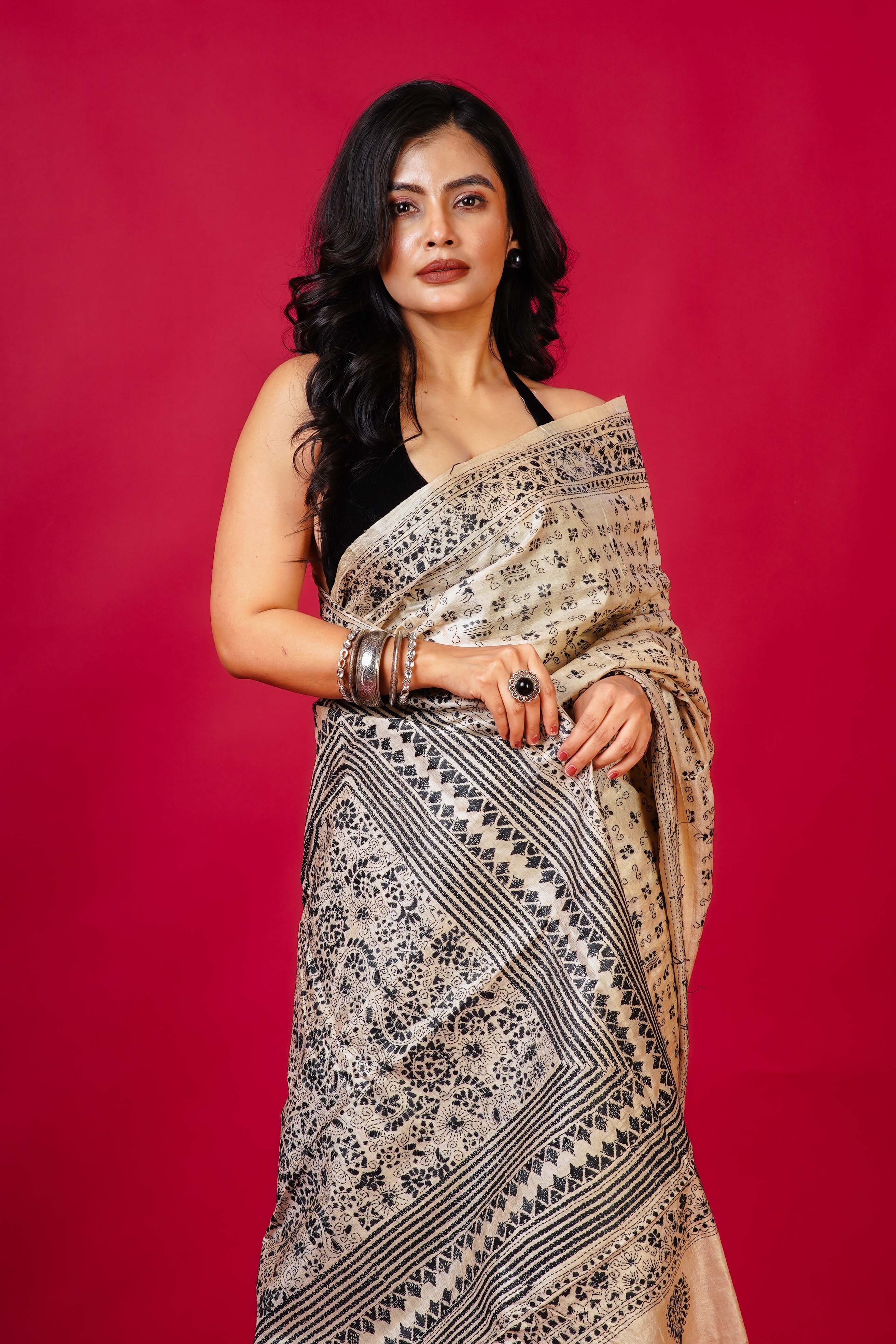 Tussar Base Tussar Kantha Saree With Blouse Piece