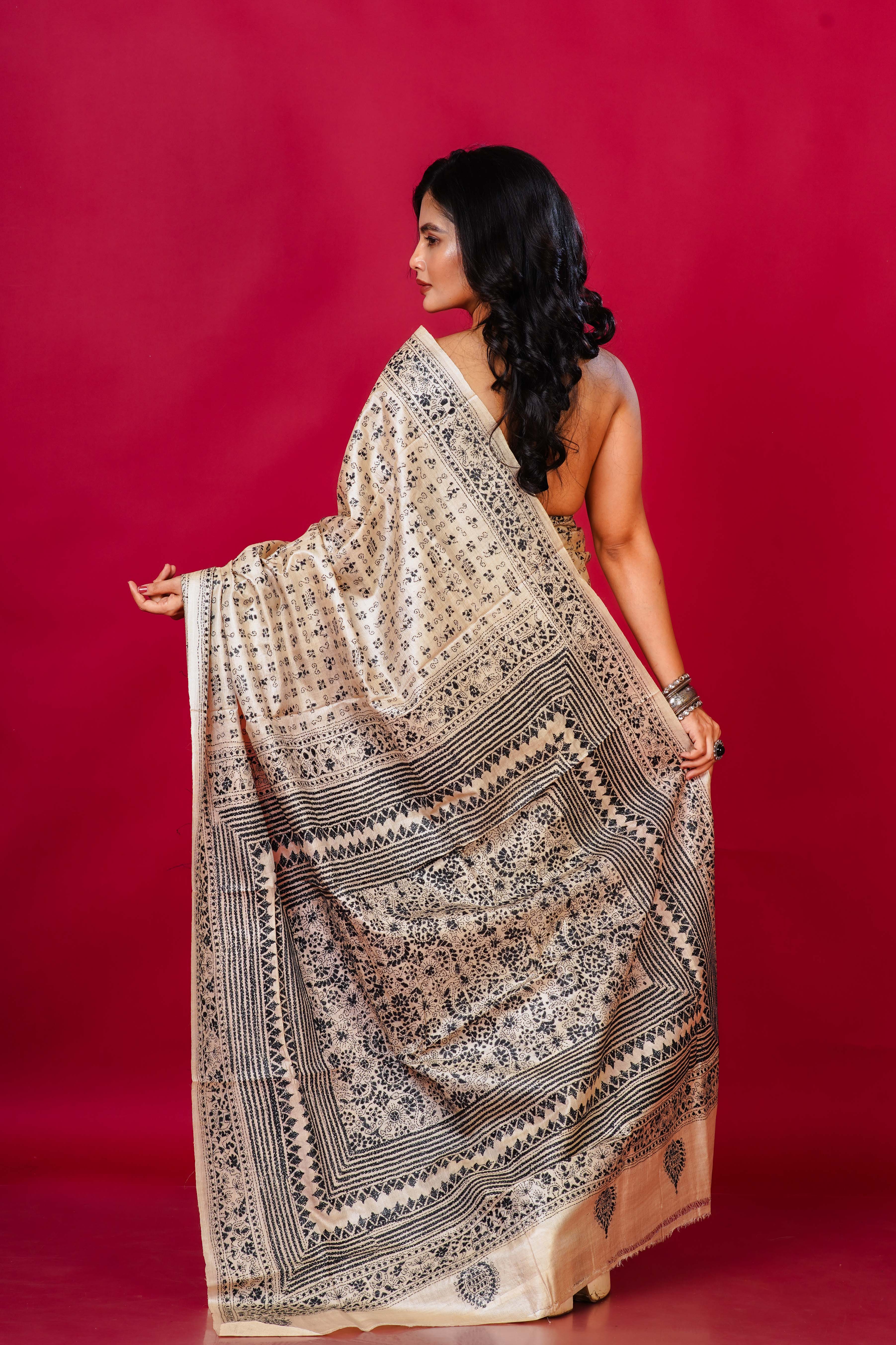 Tussar Base Tussar Kantha Saree With Blouse Piece
