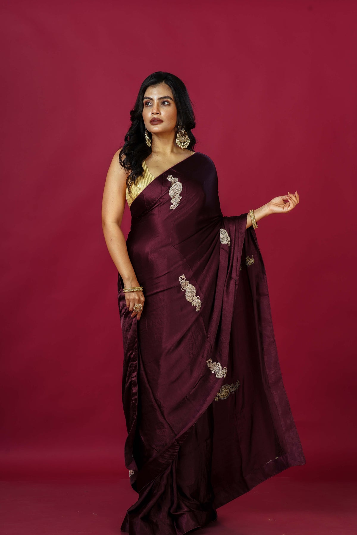 Dark Wine Satin Party Wear Saree With Blouse Piece