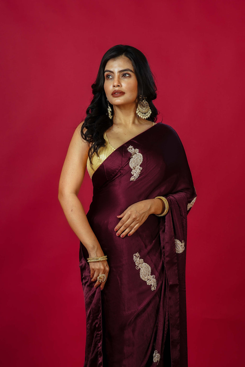 Dark Wine Satin Party Wear Saree With Blouse Piece