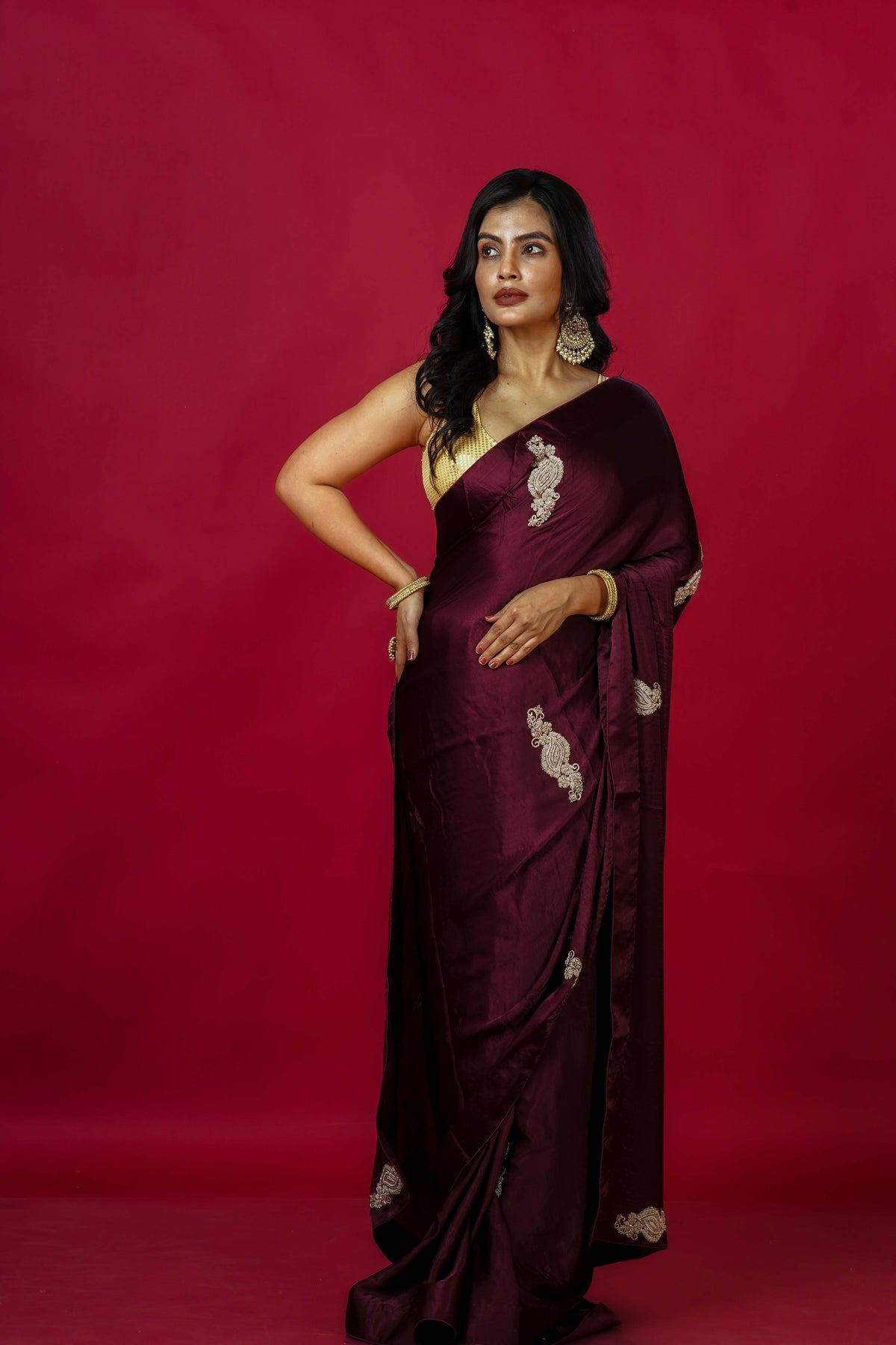 Dark Wine Satin Party Wear Saree With Blouse Piece