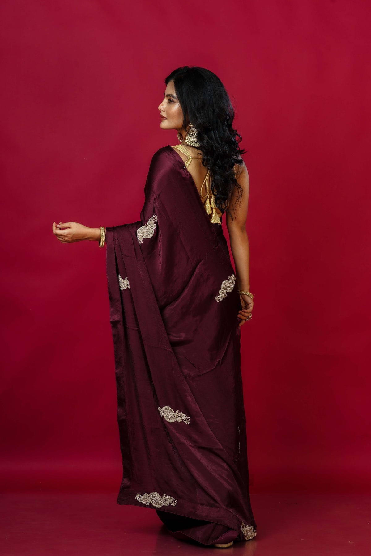 Dark Wine Satin Party Wear Saree With Blouse Piece