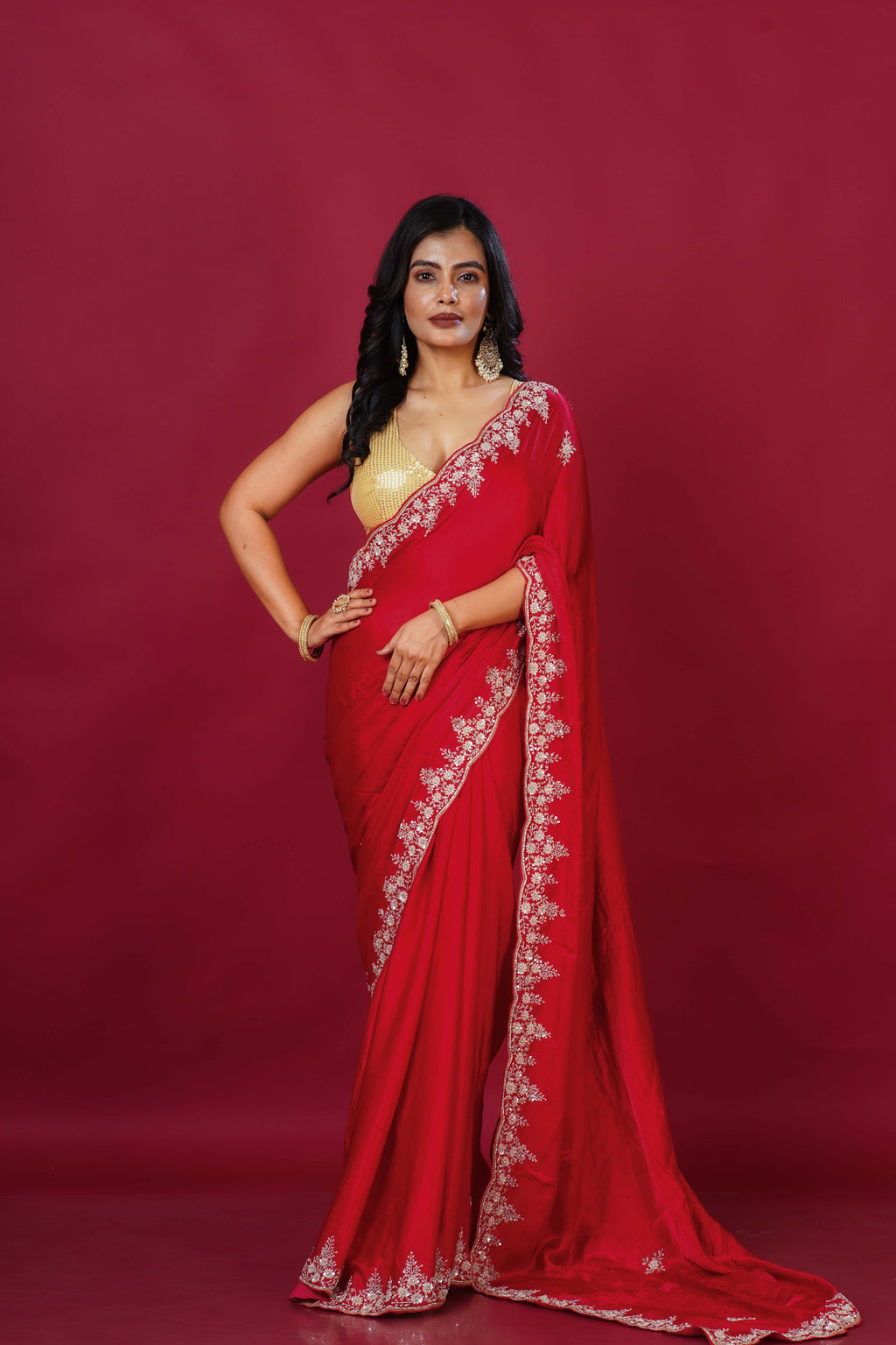 Red Satin Saree With Blouse Piece
