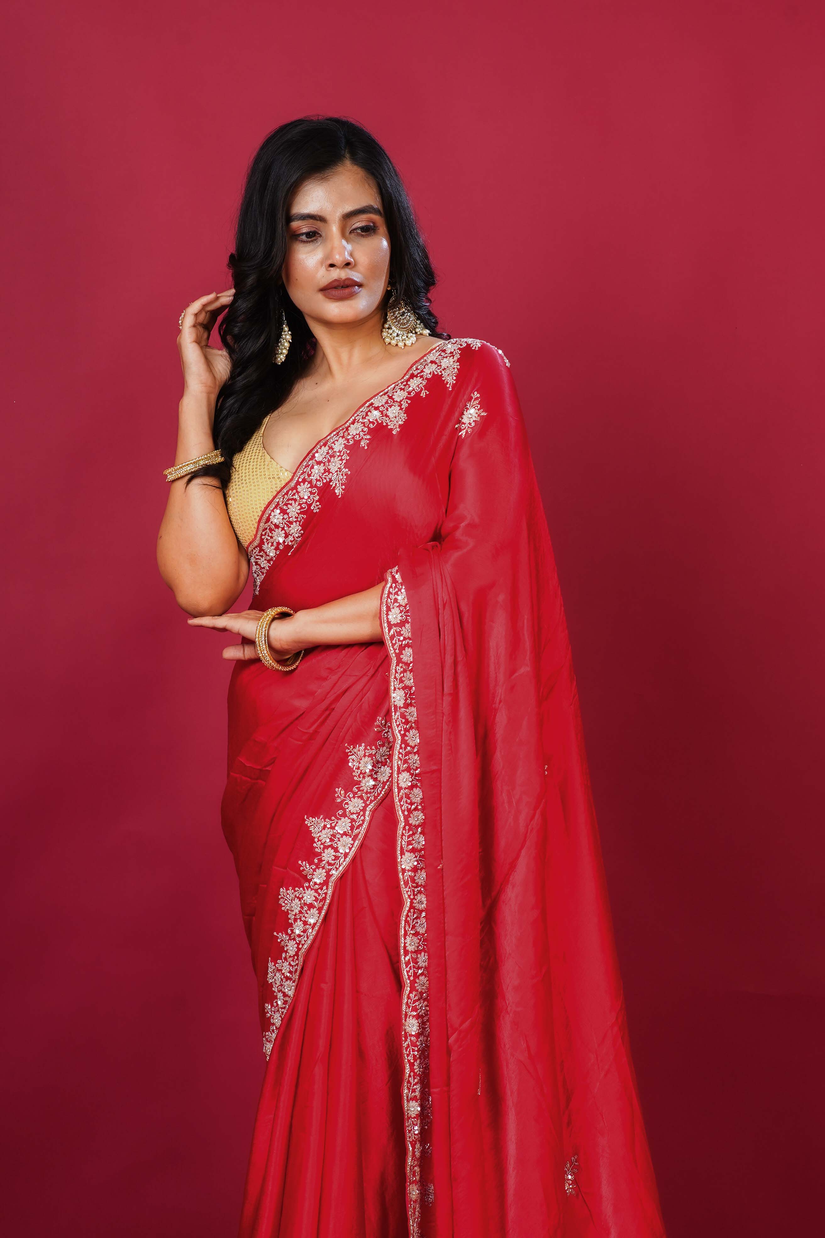 Red Satin Saree With Blouse Piece