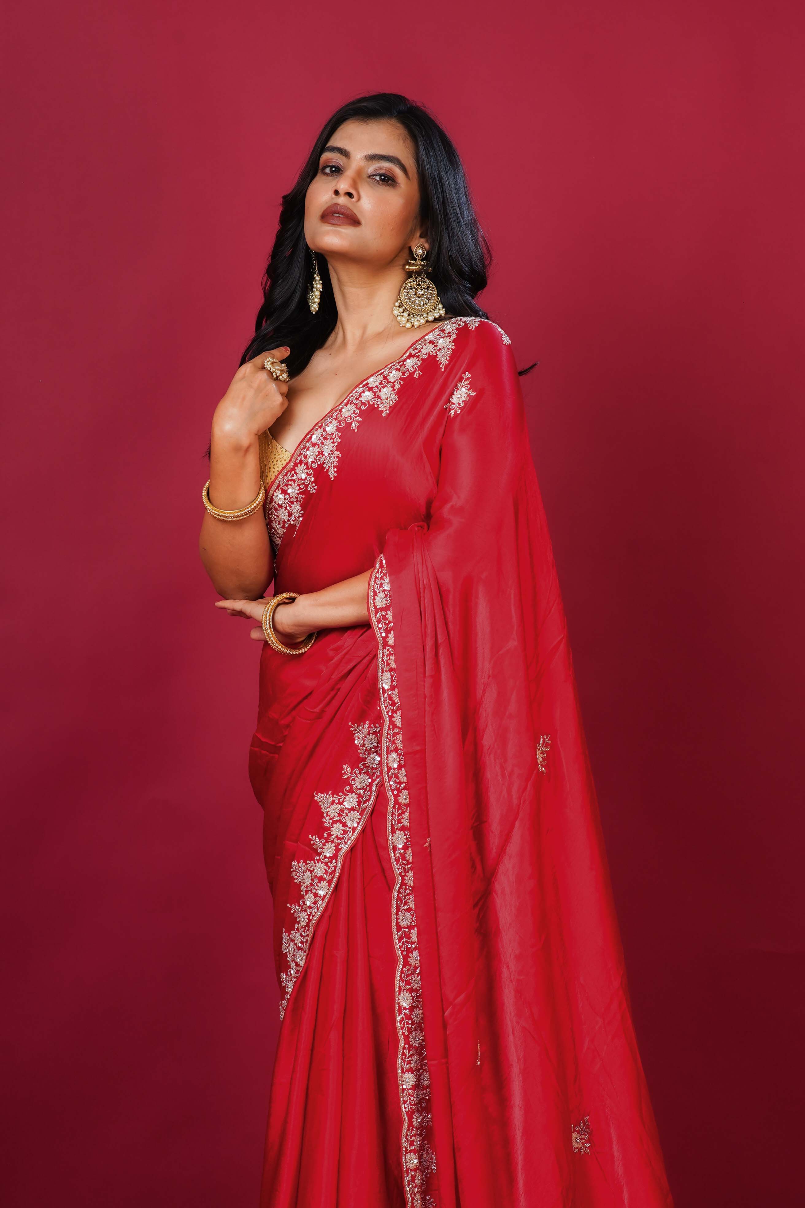 Red Satin Saree With Blouse Piece