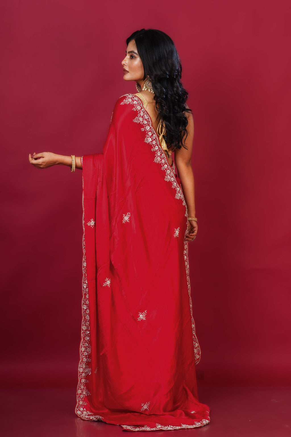Red Satin Saree With Blouse Piece
