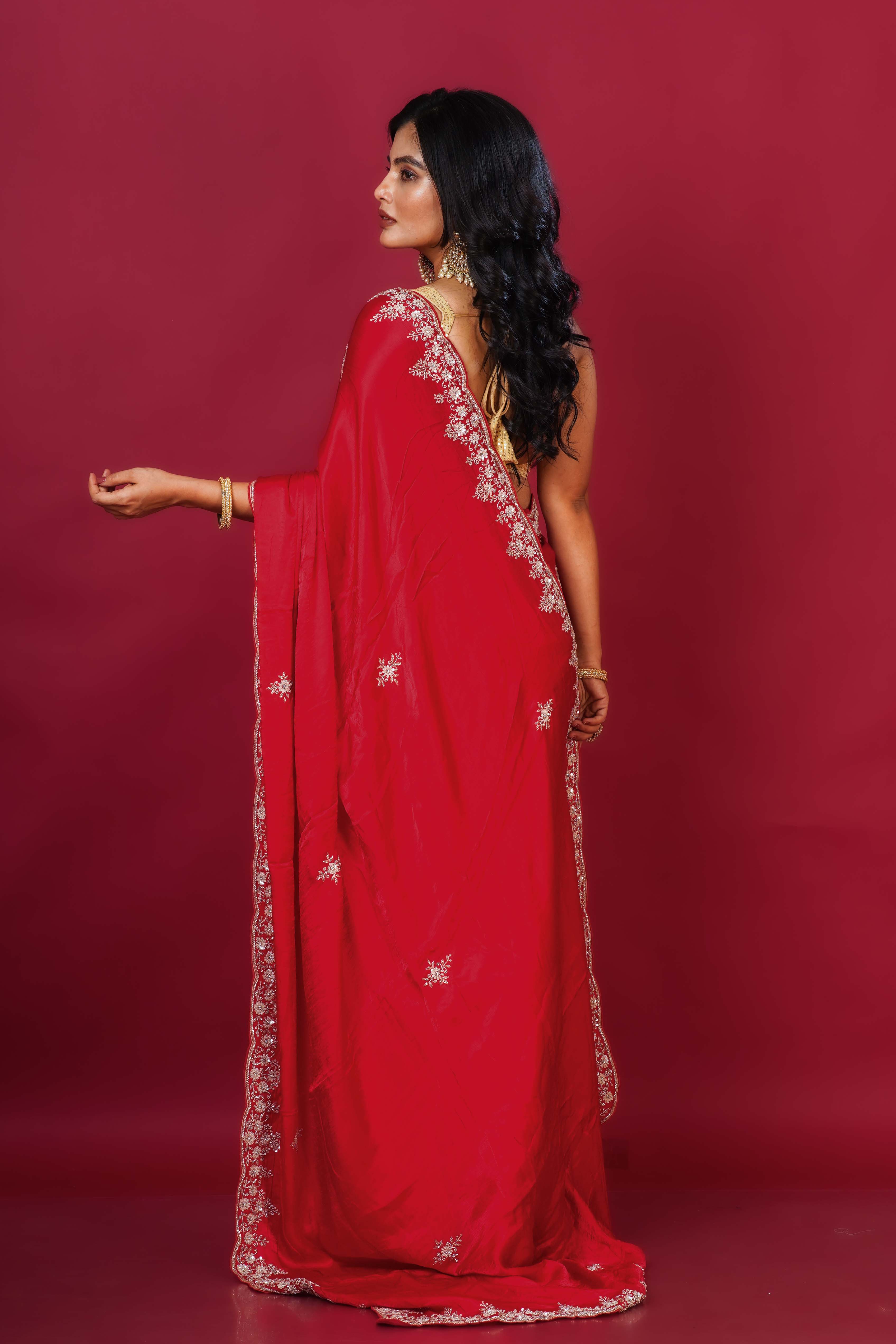 Red Satin Saree With Blouse Piece