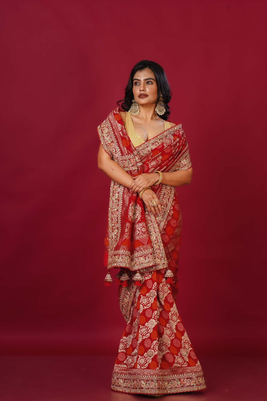 Red Semi Georgette Bandhej Banarasi Saree With Blouse Piece