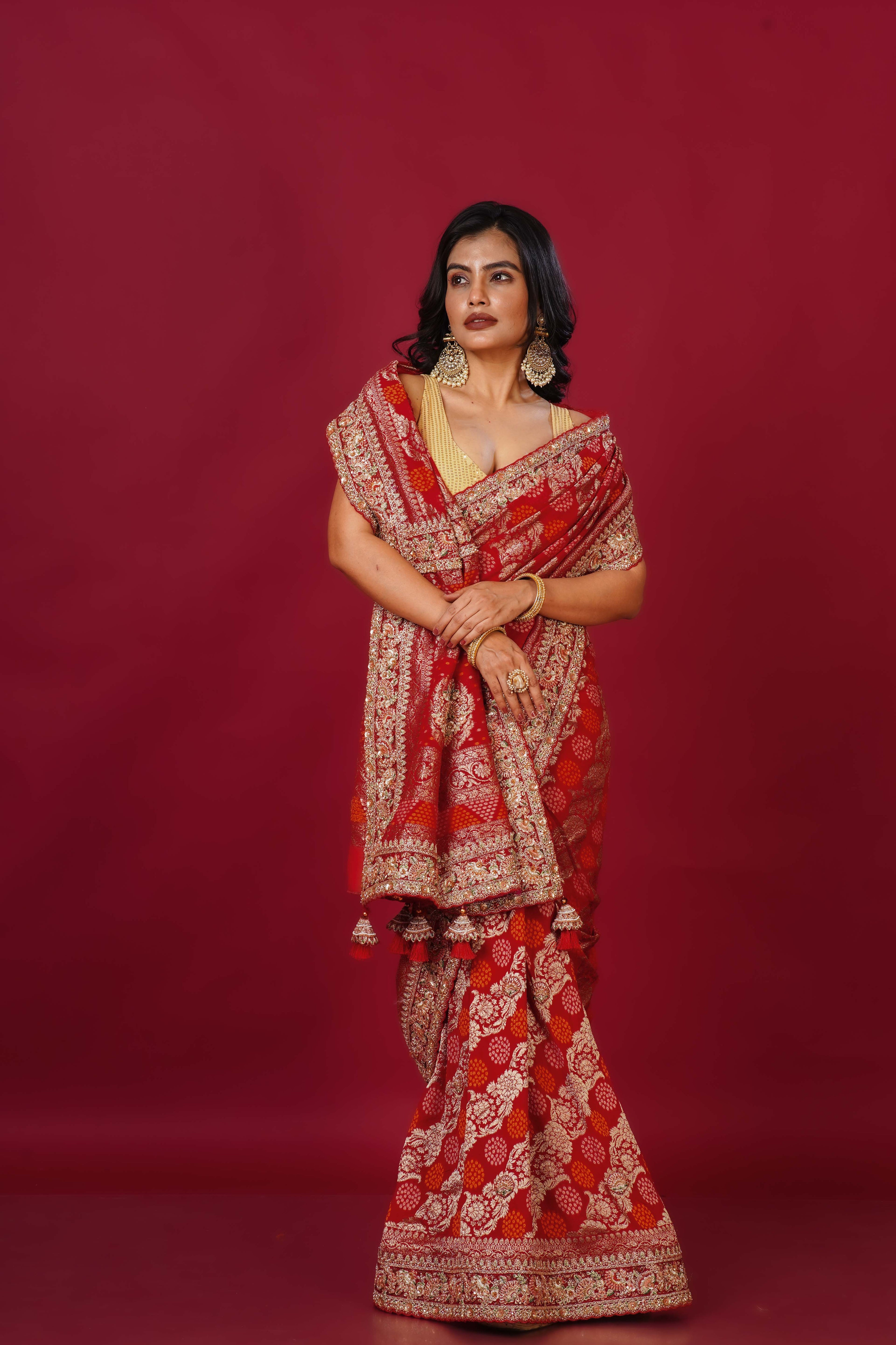 Red Semi Georgette Bandhej Banarasi Saree With Blouse Piece