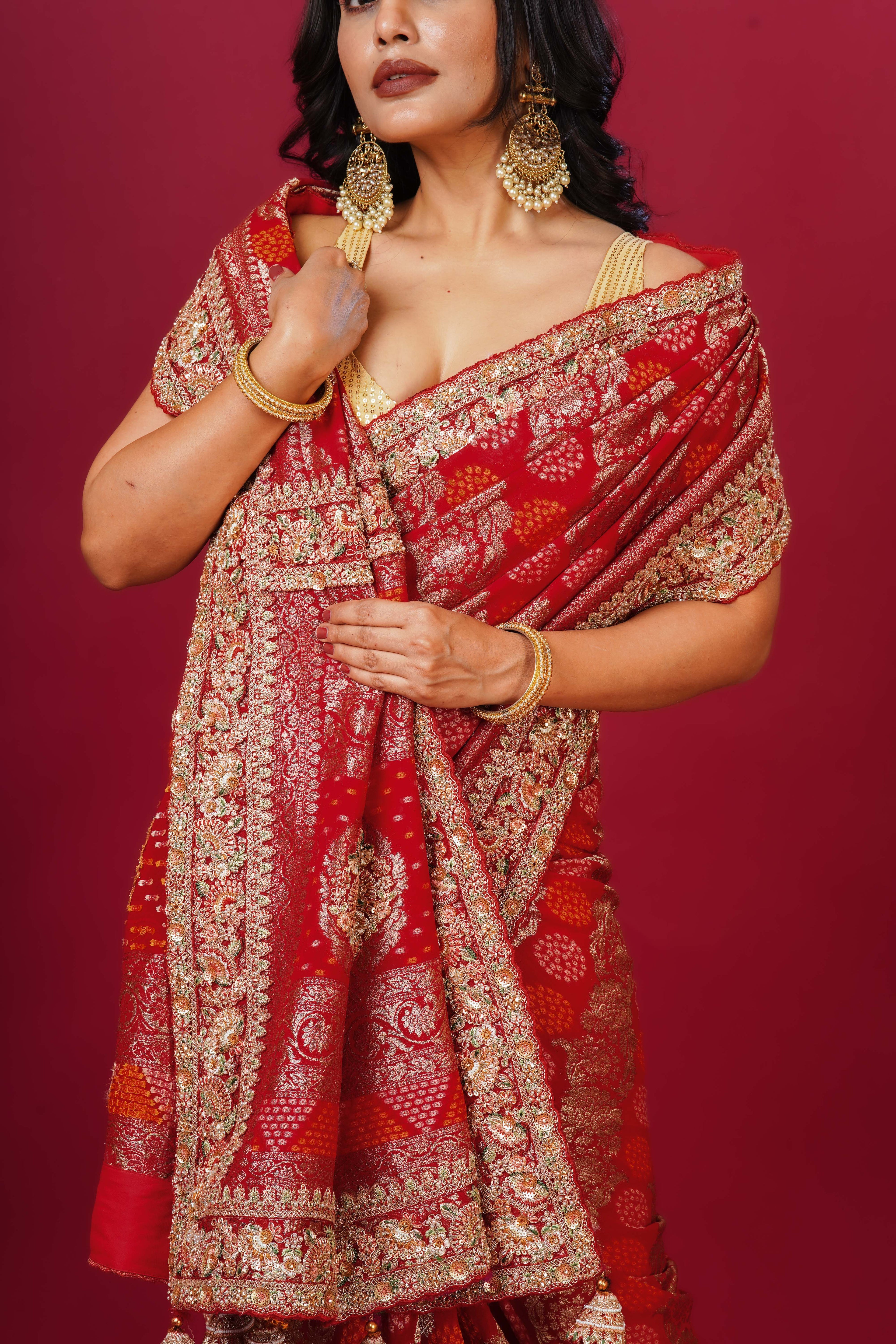 Red Semi Georgette Bandhej Banarasi Saree With Blouse Piece
