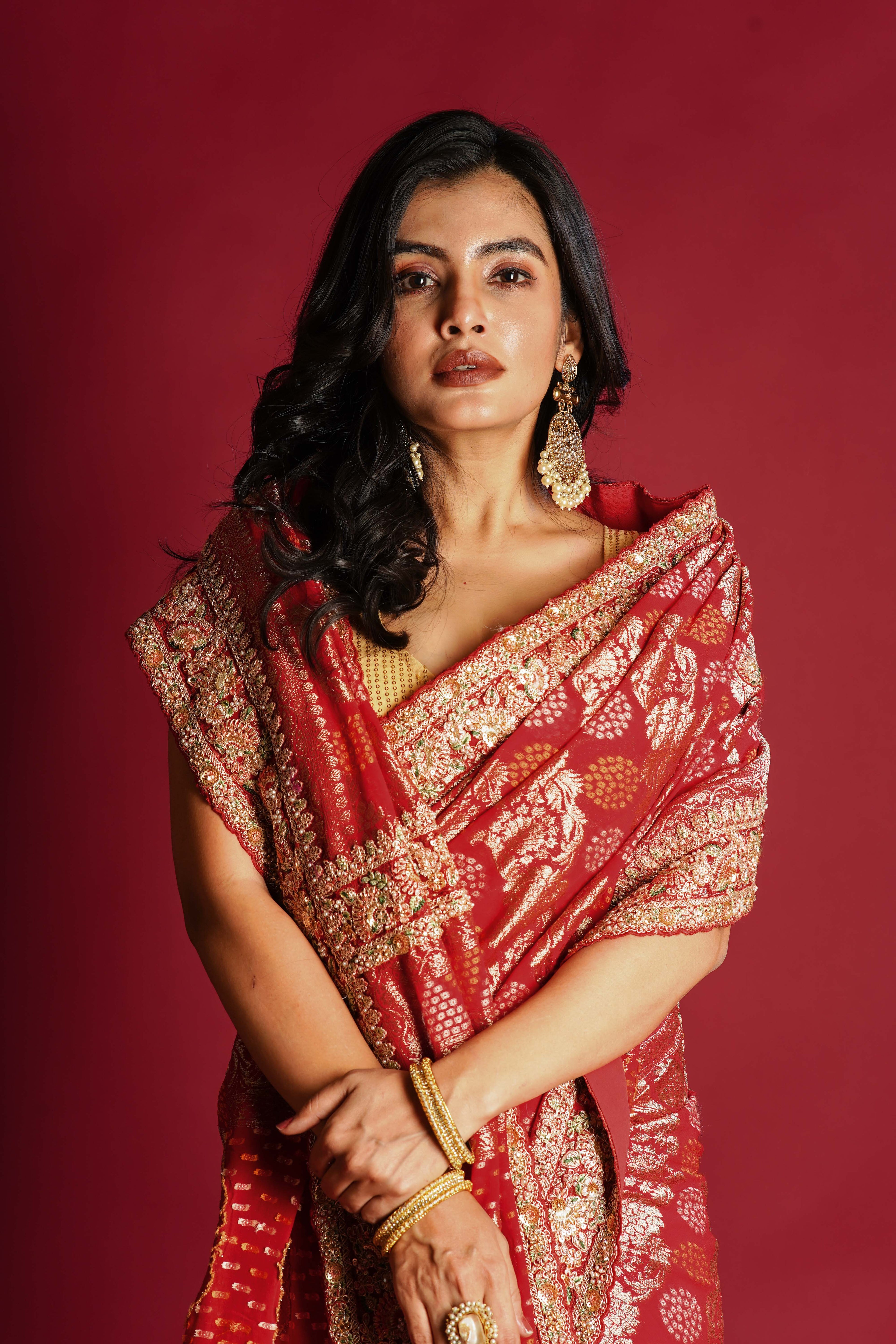 Red Semi Georgette Bandhej Banarasi Saree With Blouse Piece