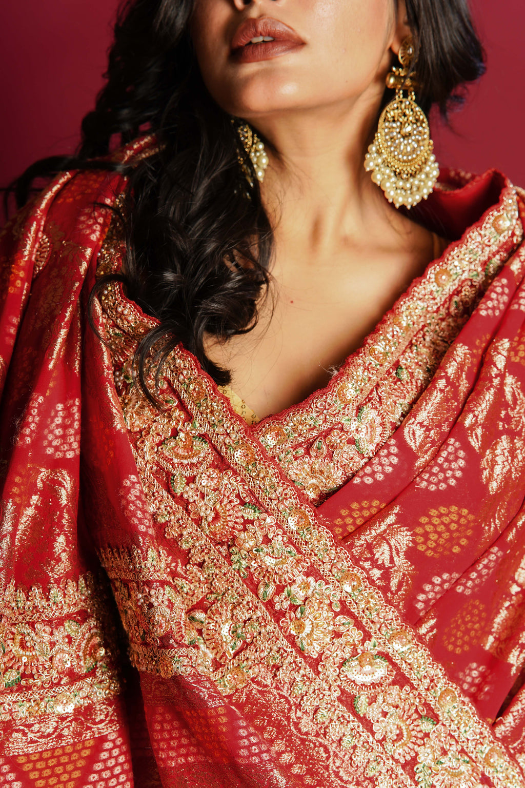 Red Semi Georgette Bandhej Banarasi Saree With Blouse Piece