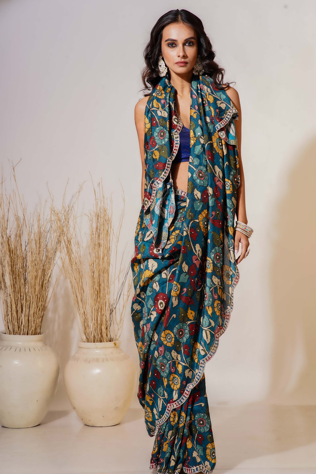 Turquoise Blue  Kalamkari Saree With Blouse Piece