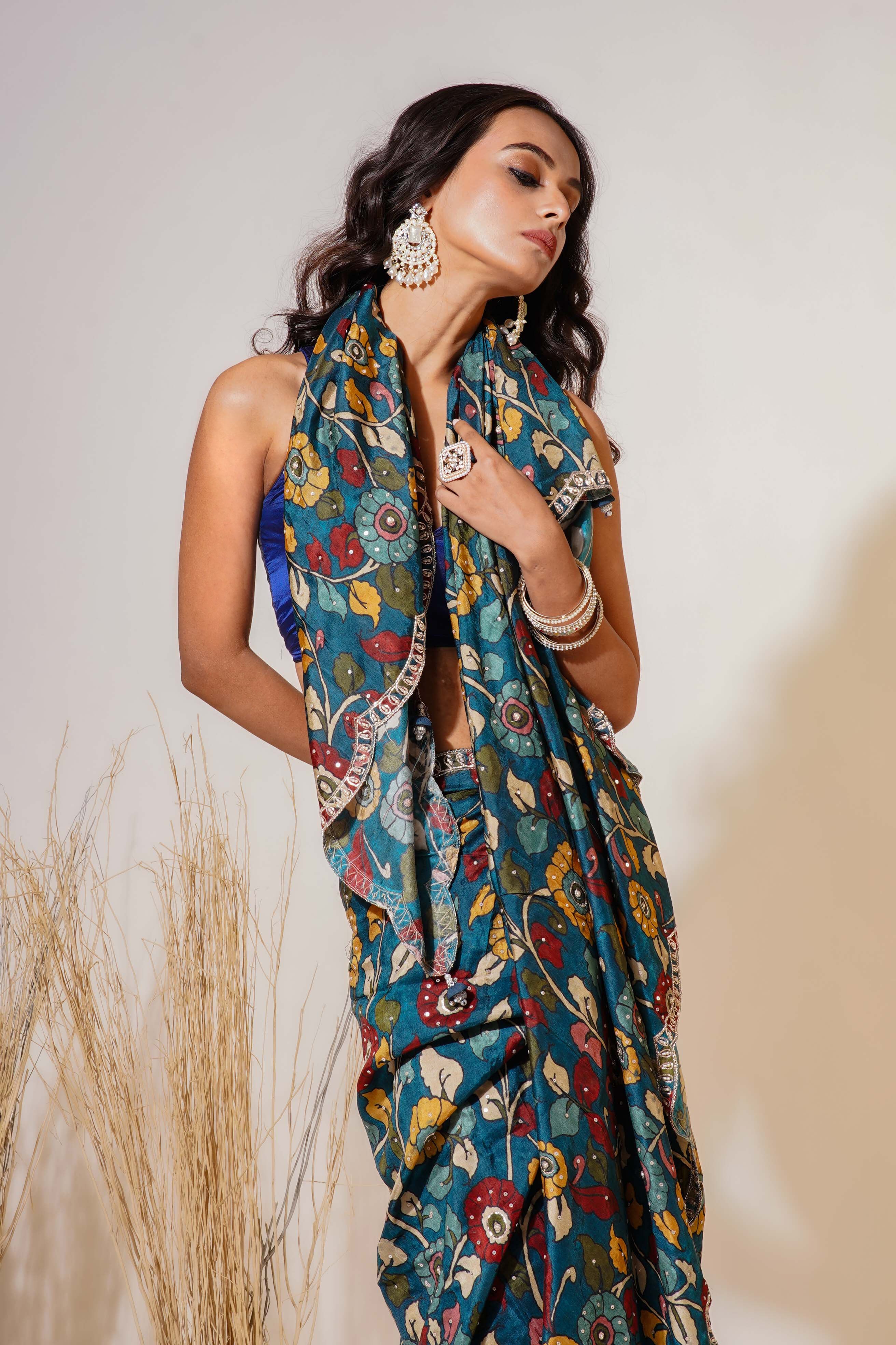 Turquoise Blue  Kalamkari Saree With Blouse Piece
