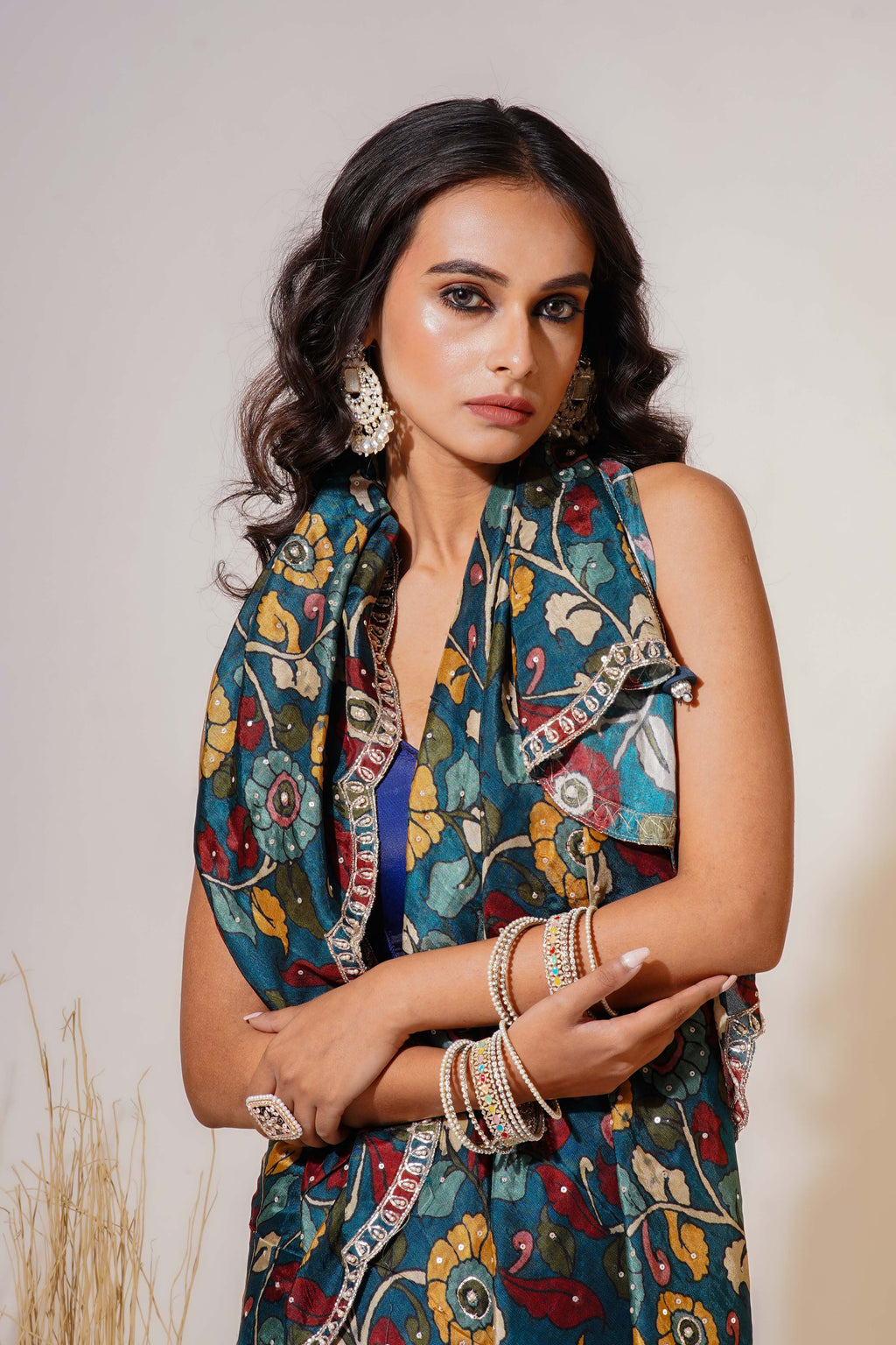 Turquoise Blue  Kalamkari Saree With Blouse Piece