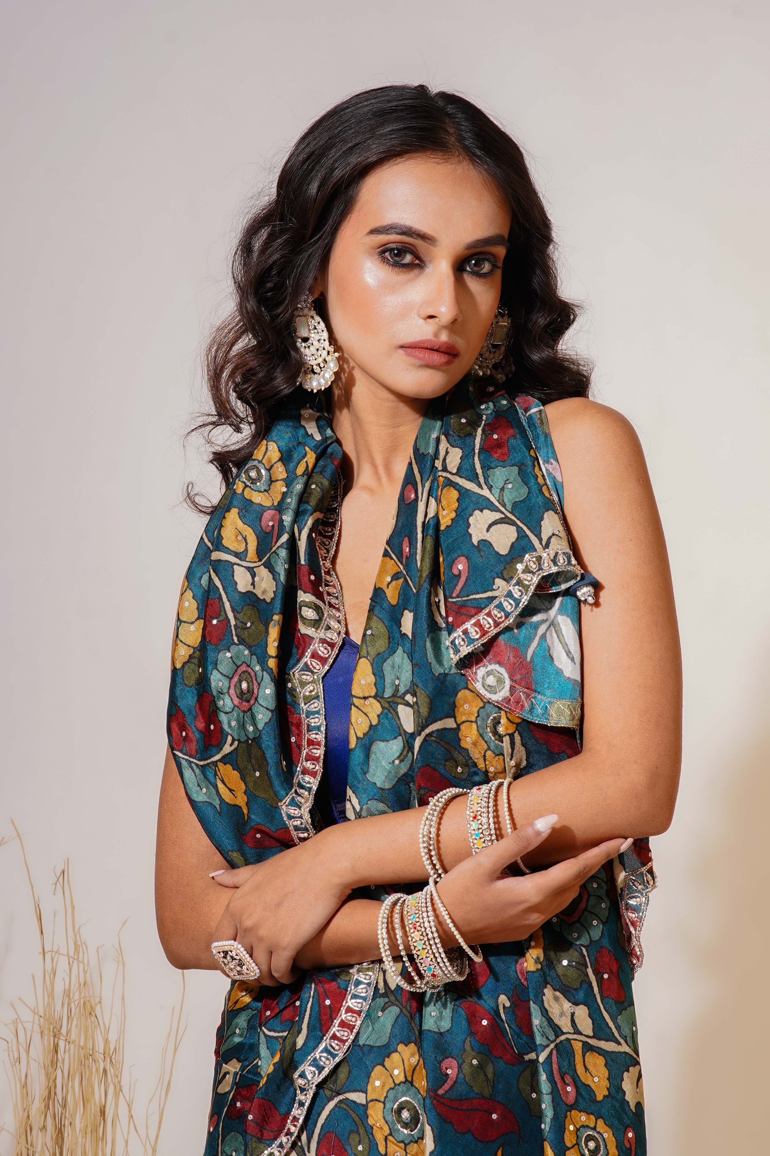 Turquoise Blue  Kalamkari Saree With Blouse Piece