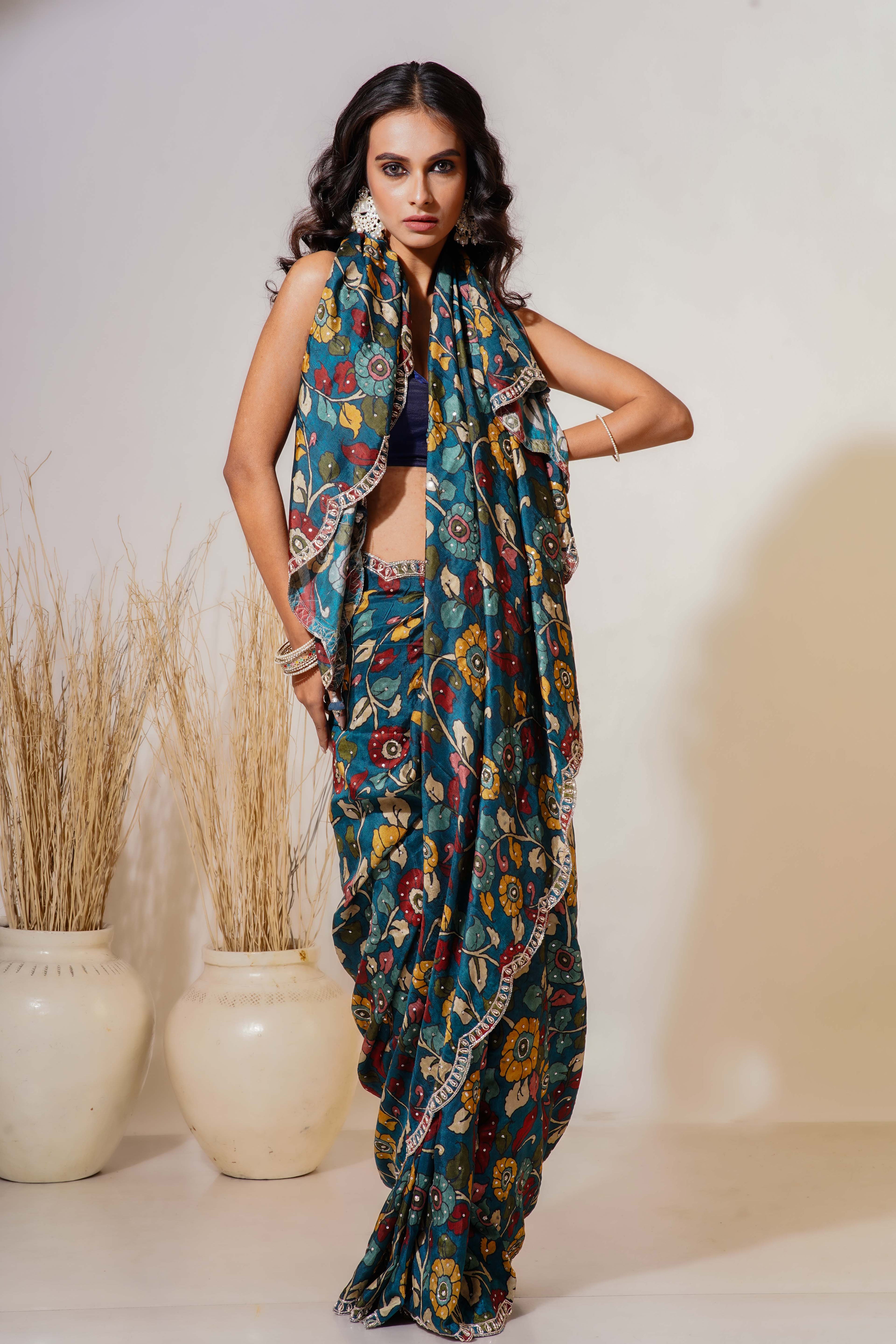 Turquoise Blue  Kalamkari Saree With Blouse Piece