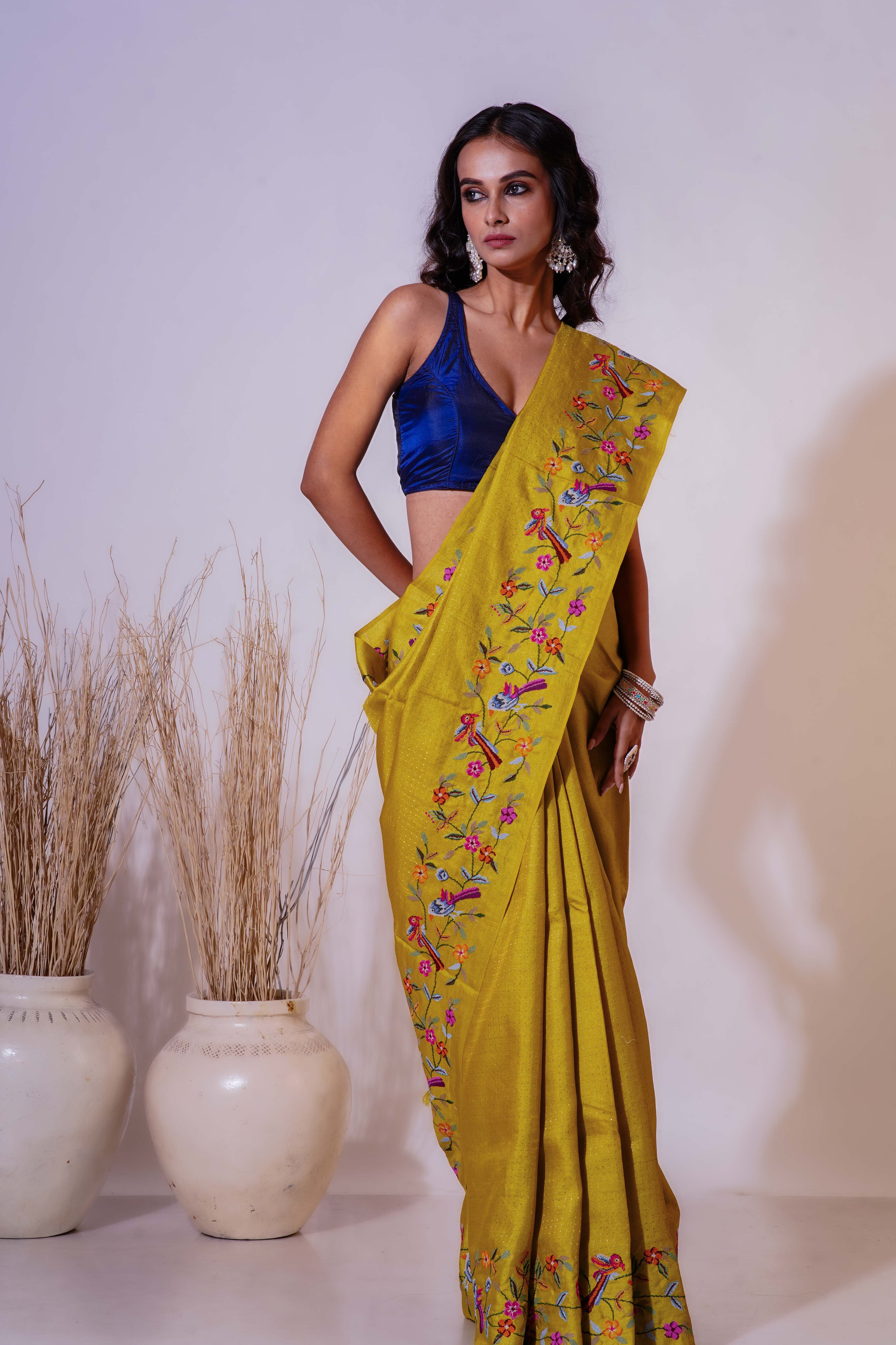 Greenish Yellow Pure Tussar  Saree With Blouse Piece