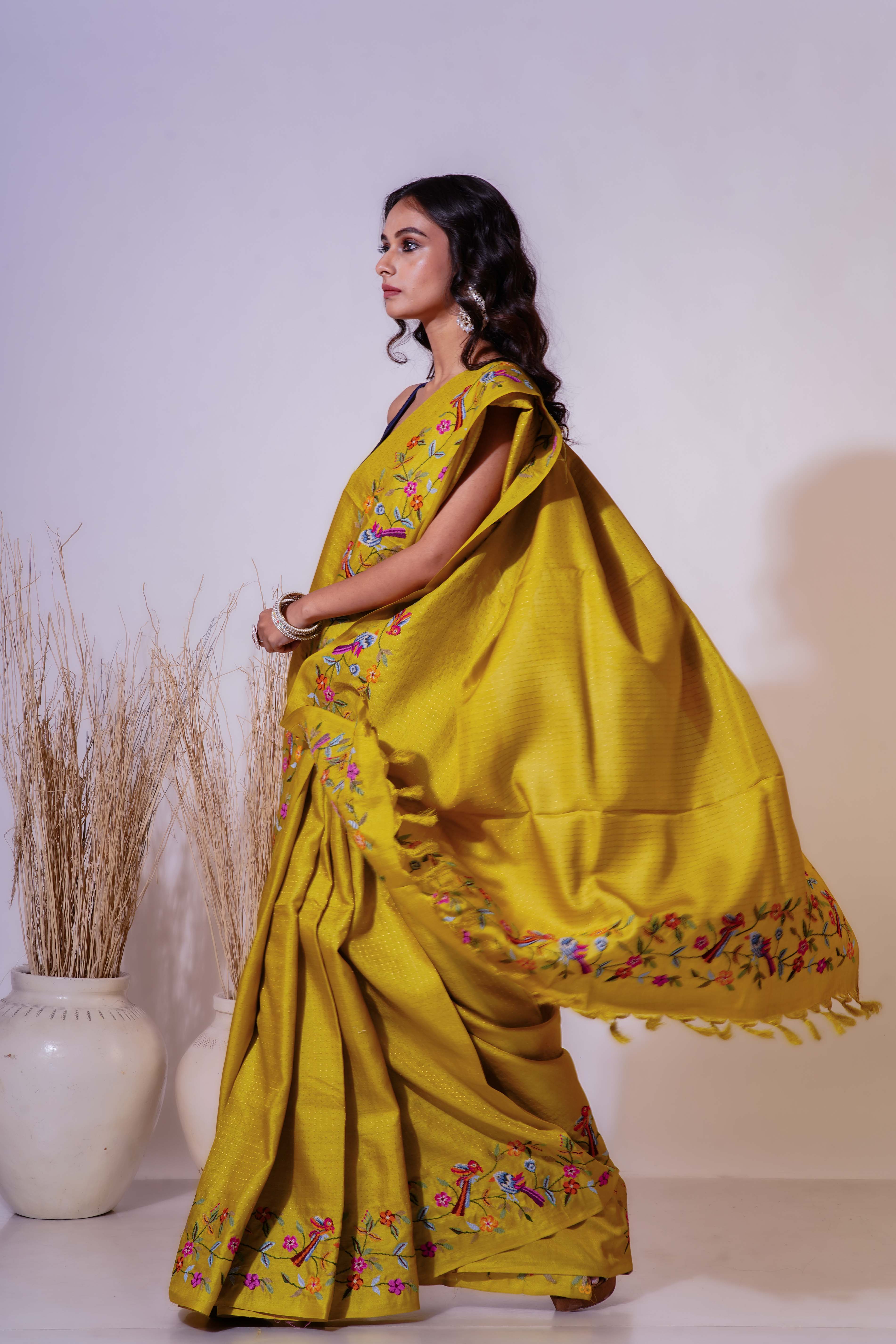 Greenish Yellow Pure Tussar  Saree With Blouse Piece