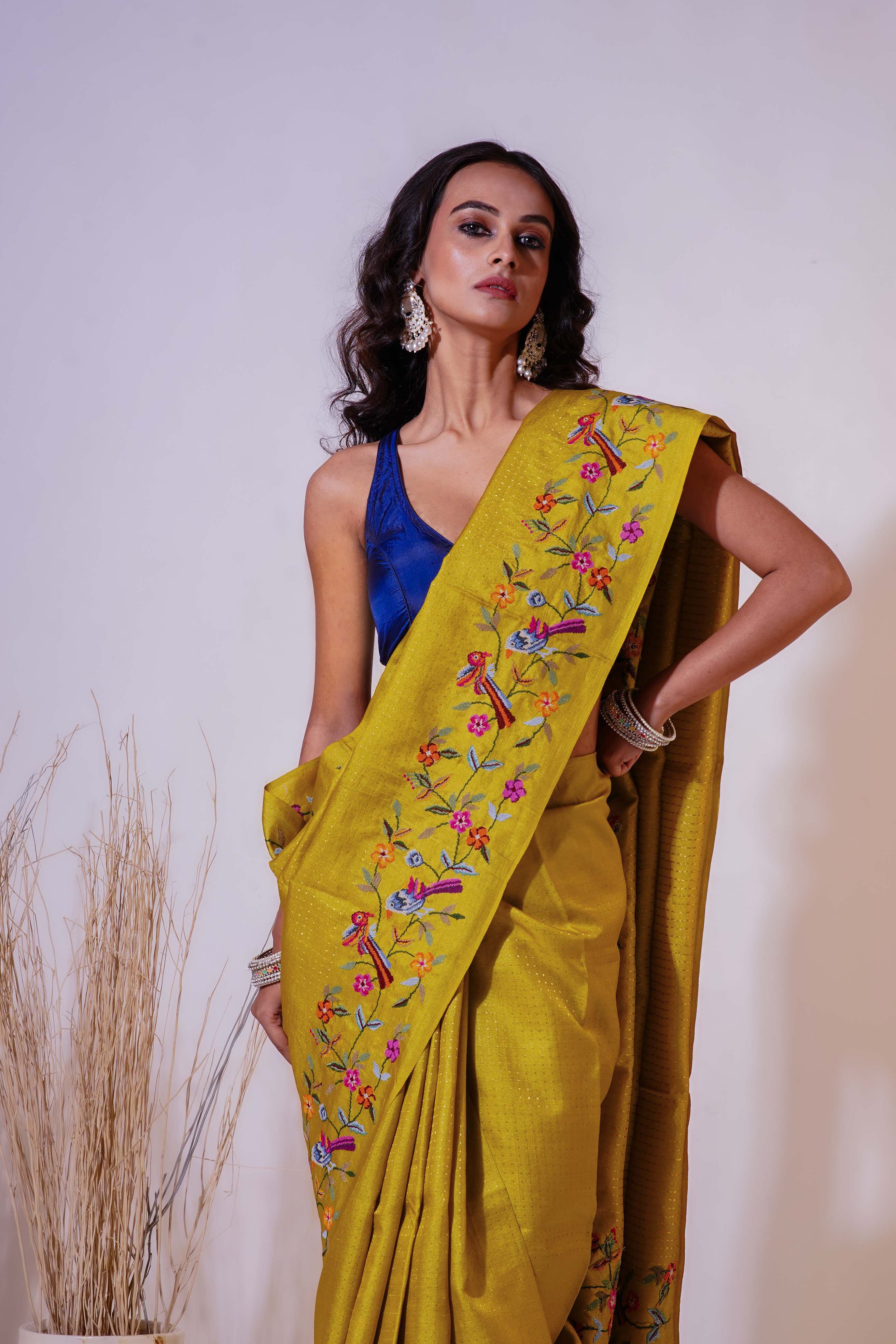 Greenish Yellow Pure Tussar  Saree With Blouse Piece