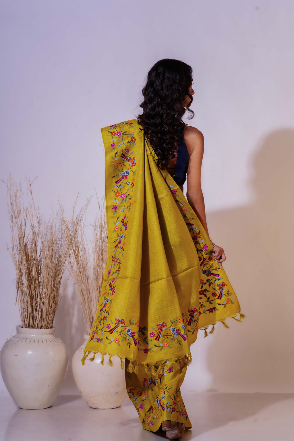 Greenish Yellow Pure Tussar  Saree With Blouse Piece
